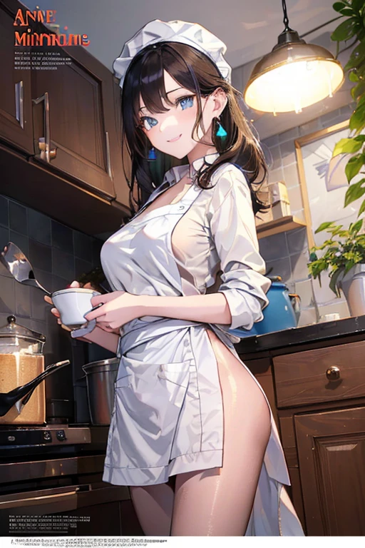 1girl, masterpiece, best quality, medium full shot, beautiful, (naked:1.1), ((napkin)), busty, brown ponytail, thick thighs, standing, kitchen, smiling