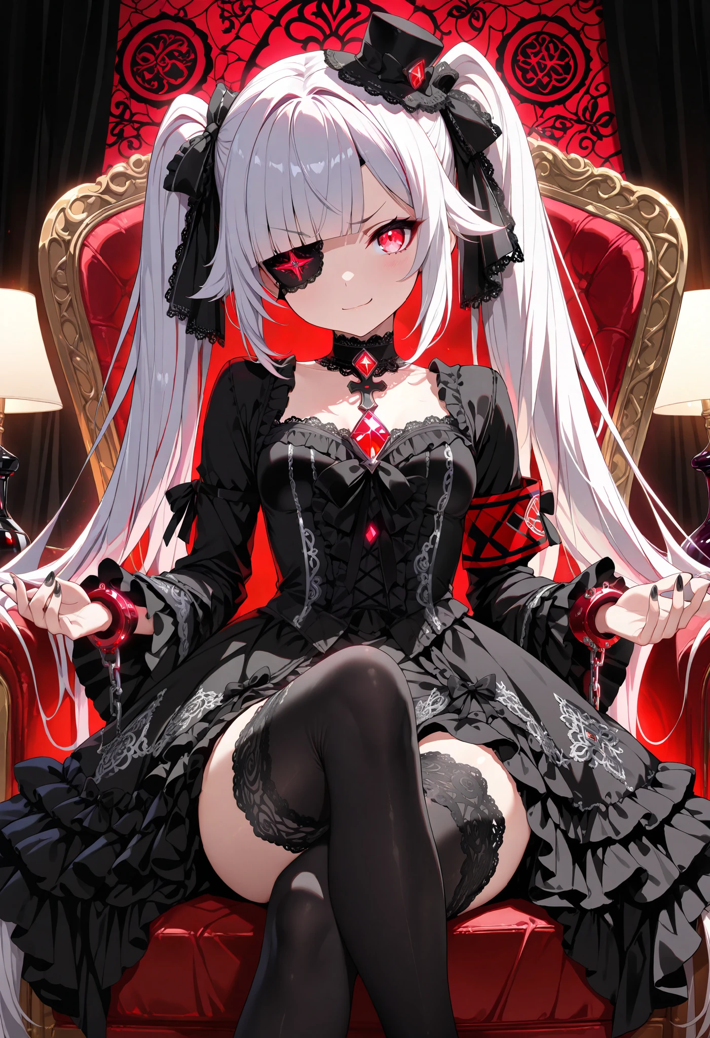 ((Exquisite Quality, masterpiece, best quality, ultra-detailed, vibrant colors, in 8K resolution, detailed illustration, rich contrast, best lighting, sharp focus, EyesHD:1.2)). (Anime-style gothic lolita character with silky light lavender hair styled, (in exceptionally long straight twin-tails), flowing down her back), (tied with black long ribbons). ((Beautiful eyes, glowing bright red eyes)), (blunt bangs and hair flaps, and her bangs are straight). (The hair is naturally flowing, with mischievous highlights that add depth and texture). li, small breasts, (beautiful nails, Glossy black nails), ((She wears a predominantly black gothic lolita outfit with intricate lace details and a gothic mini-hat adorned with ribbons and lace)). ((wearing a loose, flowing modest outfit with long sleeves adorned with layers of black frills and lace. The dress is intricately designed, featuring ruffles along the neckline, cuffs, and hem, with delicate patterns and subtle embroidery)). (Their accessories—such as a black lace choker, ribbons—enhance the gothic style). (bangs adorned with a black cross-shaped hairpin). ((A large black frilled ribbon and an elegant glowing red diamond brooch are attached to her chest)). (wearing silky black argyle-patterned thigh-high socks). (wearing a black eyepatch over their right eye with and strings. The eyepatch is elegantly designed with intricate lace patterns, delicate silver embroidery), (wearing a striking red and black armband on their right arm, symbolizing authority, rebellion, or a secret organization. The armband is made of high-quality fabric, with intricate embroidery or bold insignia adding to its significance). (Mischievous details like a raised eyebrow or a playful tilt of the head add to their teasing, she has a confident), plush seating, cross-legged. (The background is a moody, shadowy vintage bar with whiskey and liquor bottles, glowing lamps, antique furniture), detailed background.