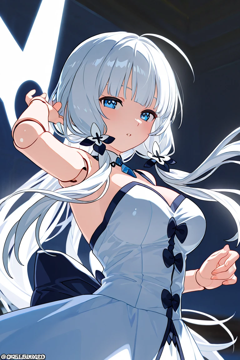 (tmasterpiece)、(top-quality)、(ultra - detailed)、(独奏)、Beautiful girl of 14 years old、small、mediuml breasts,Shoulders bare、Emphasize cleavage、Thighs exposed、Long white hair,White super short lolita,bare-legged,Look at the camera shyly,Put your hands on the hem of your skirt,(Clear liquid flows from thigh to calf),fully body photo