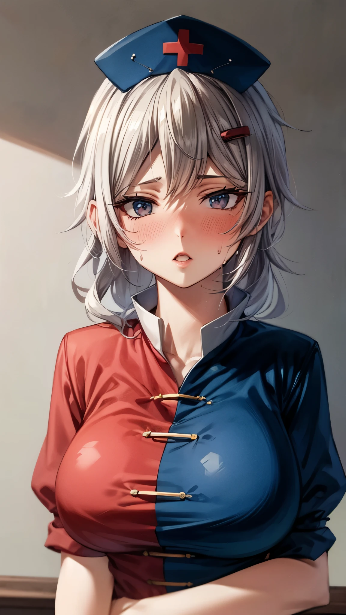 (Ultra High Quality,Ultra High Definition,16k,super masterpiece,Ultra HD , detailed shading and background,) one woman,Long silver hair, braids, Chest Valley, nurse cap , sweaty,blush,Thick lips,Old medical room,