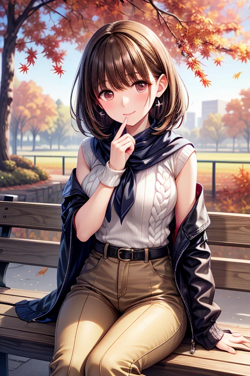anegasaki nene, shiny brown short hair, beautiful brown eyes, smiling face, sparkling pupils, (fine grain), highly detailed eyes, highly detailed face, highly detailed eyes,, (masterpiece:1.2, best quality), ((only1 girl)), cowboy shot,cowboy shot,,
( The silence and beauty of autumn nature :1.5)、
Autumn Afternoon、Breeze on a tree 々 color it 、 Scenery I saw with you 々 I'm dyed pale orange and red , color the light of the sunset 、 The air is cool、 I can hear the whispering of fallen leaves 、 when you sit on a park bench , I can see my wrists slightly when I roll up my sleeves , has a nostalgic scent that makes the surroundings stand out even more 、 fluffy white cable knit sweater 、 It was there Leaves quietly falling to the ground 、Perfect BGM for Autumn Afternoon, Len's laughter and birds chirping from afar are quiet、 lightly wrapping a pale pink cashmere stole 、 I want to cherish a moment 、 The silence and beauty of autumn nature gives a deep sense of comfort to the heart 、
fluffy white cable knit sweater 、 The sweater is slightly large 、 I can see my wrists slightly when I roll up my sleeves 、 Beige high-waisted pants and camel short boots at your feet 、 slight aroma of coffee from a nearby cafe 、 Accessories are casual and glamorous with simple gold earrings and thin bracelets、very beautiful