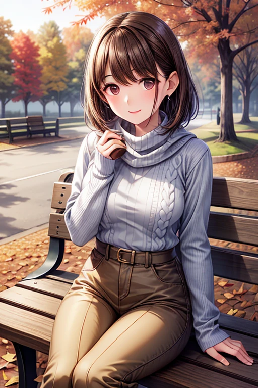 anegasaki nene, shiny brown short hair, beautiful brown eyes, smiling face, sparkling pupils, (fine grain), highly detailed eyes, highly detailed face, highly detailed eyes,, (masterpiece:1.2, best quality), ((only1 girl)), cowboy shot,cowboy shot,,
( The silence and beauty of autumn nature :1.5)、
Autumn Afternoon、Breeze on a tree 々 color it 、 Scenery I saw with you 々 I'm dyed pale orange and red , color the light of the sunset 、 The air is cool、 I can hear the whispering of fallen leaves 、 when you sit on a park bench , I can see my wrists slightly when I roll up my sleeves , has a nostalgic scent that makes the surroundings stand out even more 、 fluffy white cable knit sweater 、 It was there Leaves quietly falling to the ground 、Perfect BGM for Autumn Afternoon, Len's laughter and birds chirping from afar are quiet、 lightly wrapping a pale pink cashmere stole 、 I want to cherish a moment 、 The silence and beauty of autumn nature gives a deep sense of comfort to the heart 、
fluffy white cable knit sweater 、 The sweater is slightly large 、 I can see my wrists slightly when I roll up my sleeves 、 Beige high-waisted pants and camel short boots at your feet 、 slight aroma of coffee from a nearby cafe 、 Accessories are casual and glamorous with simple gold earrings and thin bracelets、very beautiful