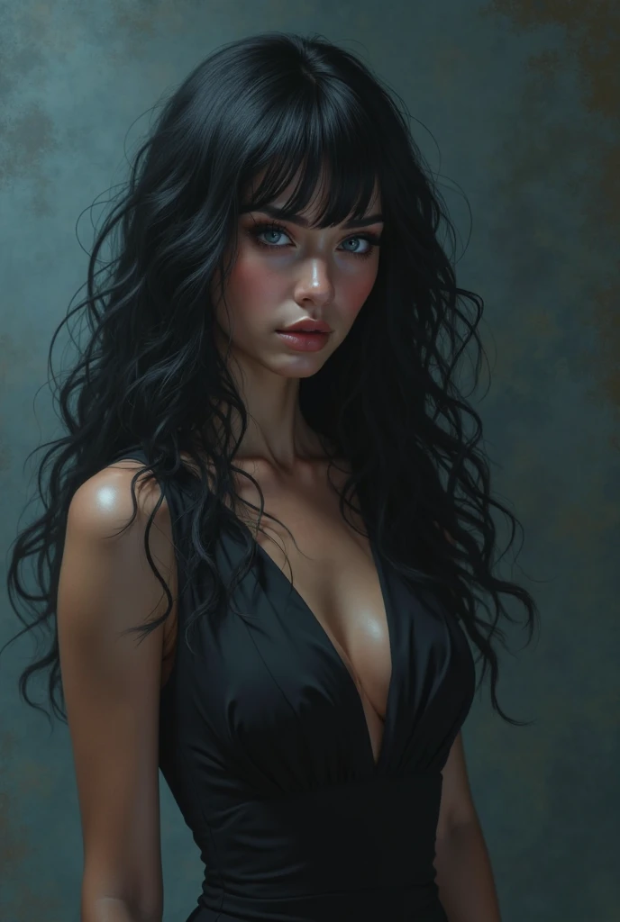 Hair: Long, wavy, and jet-black, with a healthy sheen. Eyes: Green and piercing, conveying both strength and mystery., Skin: Fair and flawless, with a subtle natural glow., Dressed in a  transparence. The dress is fitted to your figure, highlighting your slender silhouette and natural curves. The fabric can be luxurious, like silk or velvet, with subtle details like sparkles or lace., Hair: Her long wavy hair is loose, flowing smoothly over her shoulders and back.Realistic quality; Full Body