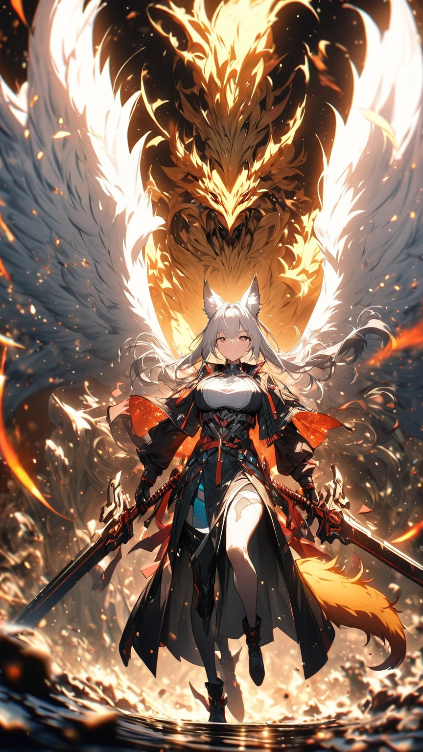(masterpiece), best quality, expressive eyes, perfect face,(fox girl, Fox ears, fox tail),((light brown hair)),(glowing yellow pupils),(big breasts:1.2),cleavage,(valkyrie:1.3),(black angel wings:1.1),(red and black ornate armor:1.5),weapon,sword,holding sword down,crystal pendant,circlet,earrings,armlets,bracelets,bashful smile,standing,sexy pose,fantasy scenary,sky,(night:1.1),(starry sky 1:1),magic circles,particles,ready for battle,fighting stance
