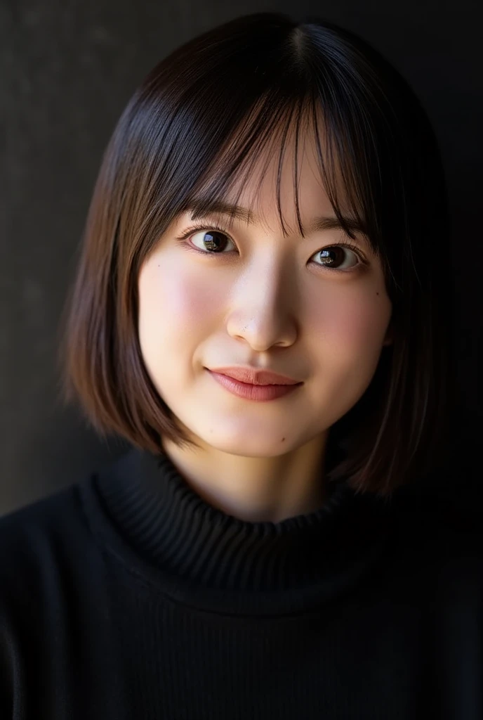 (((face close-up)))、((( definitely brown straight short bob up to the shoulders )))、((( she poses like a hair salon model 、 against a black indoor wall 。)))、(((( casual black winter long sleeve with shoulder coverage )))、Half Japanese and half Korean、 18 year old girl 、standing alone、forward、Light eye makeup、Brown Hair Color、Flat、hair fluttering in the wind、Actress quality、Shiny Ultra-Realistic Face、smile、 teary eyes in the store、Gaze Up、 Subtle Lighting Effects 、super realistic capture、very detailed、high-resolution 16K human skin close-up。 skin texture must be natural、 must be detailed so that pores are clearly visible、The skin is healthy 、Even Tone、 Uses Natural Light and Color 、 A well-worn, high quality photo taken in-house at a model agency photographer、smile、((( SIGMA 300 mm F /1.4、1/1000 second shutter、ISO 400)))