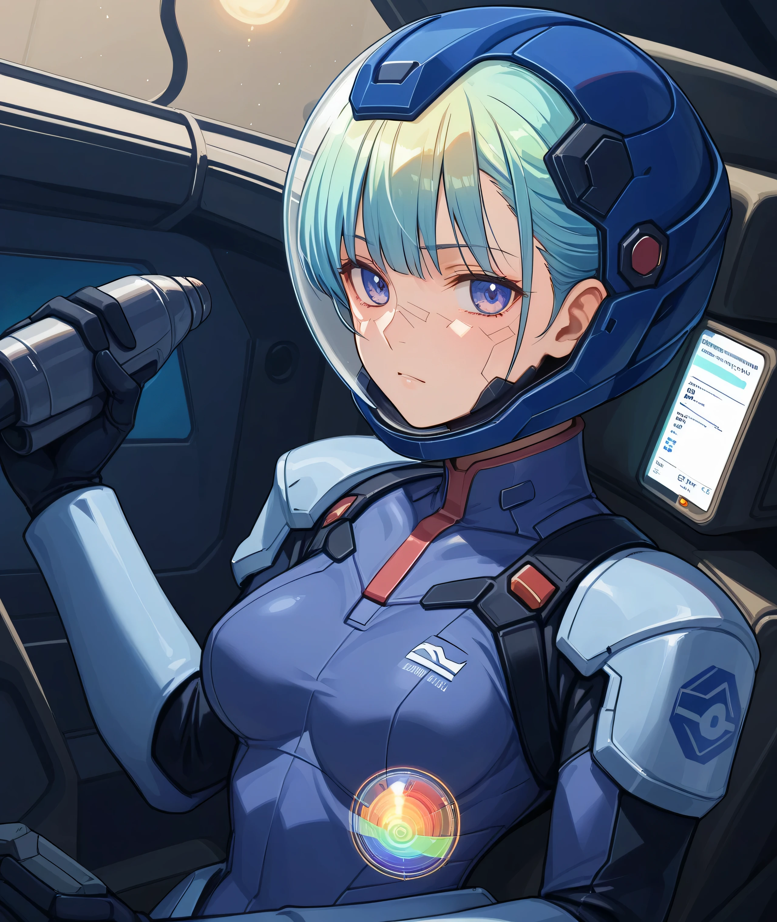 ((Holographic Glow Effect))、 Gundam Wing Cockpit, Lantern、masterpiece、Highest quality、1 person、medium bust、((Album Cover))、light on face、slender body、white and blue pilot suit with enamel finish、 elbow length gloves 、long hard boots 、exoskeleton、Metal Gear、cyberpunk style、Gundam Pilot、attention arousal、 bubble helmet 、, space helmet, muvluv, space helm, eva helm