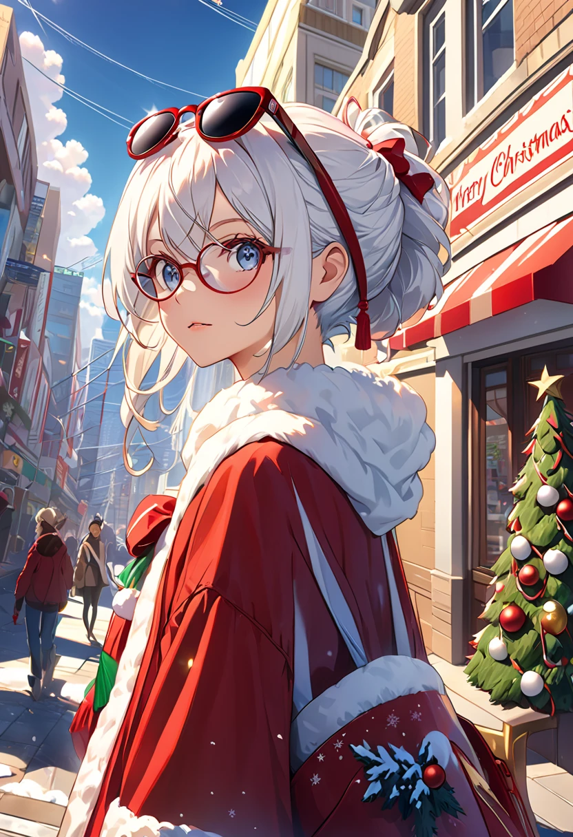 (extremely detailed CG unity 8k wallポaポer),( master poiece ), (Highest quality), (Ultra High Definition), ( best illustration),(Best Shadow),  urban background, ,break ,  P90 Christmas, eyewear on head, , 