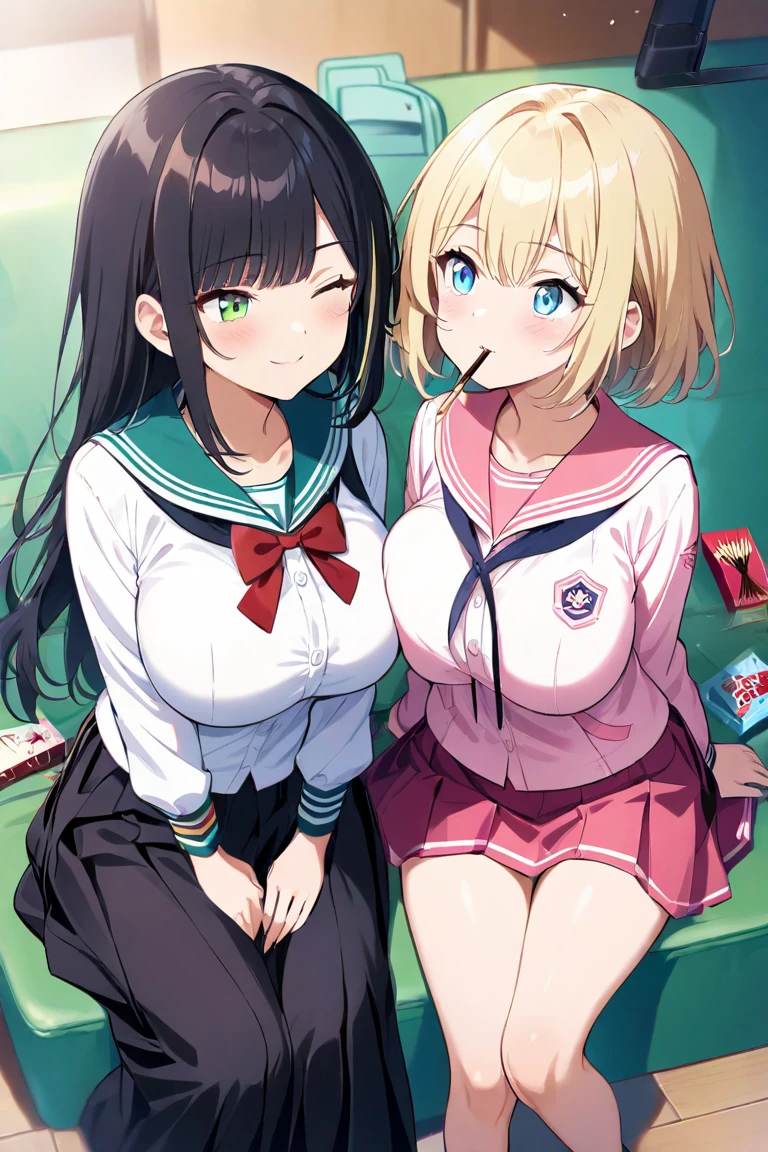 Two girls（long hair、blond hair（A pair of ribbons on the left and right）、Big Breasts、 green eyes、Fleeting、 sleep 、Lean on your shoulders 、peace of mind、peace）、（short hair、 black hair、 small tits、 blue eyes、Rin々Shii、Love ）、 pale pink sailor suit wearing a hakama（ red miniskirt ）、 Pocky Game