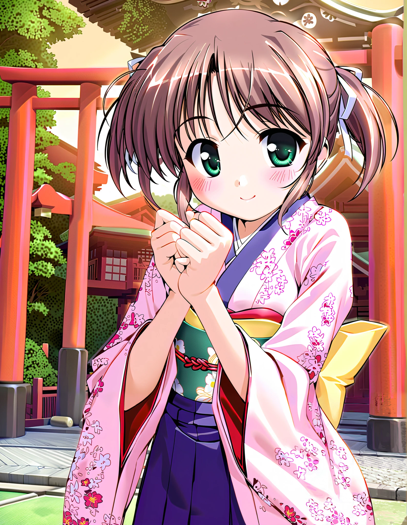 Asagiri Mai_3age, Alone, (cowboy shot), brown hair, short hair, hair ribbon, twintails, green eyes, small , (Cute Japanese clothes), ( cute pose), (Shichi-go-san), (Red cheeks:1.2), (bright smile:1.1), (5Finger), (Clean hands), (shrine), (morning), score_9, score_8_superior, score_7_superior, source_ anime, (best quality:1.2), high quality, full color, 8k, High Resolution