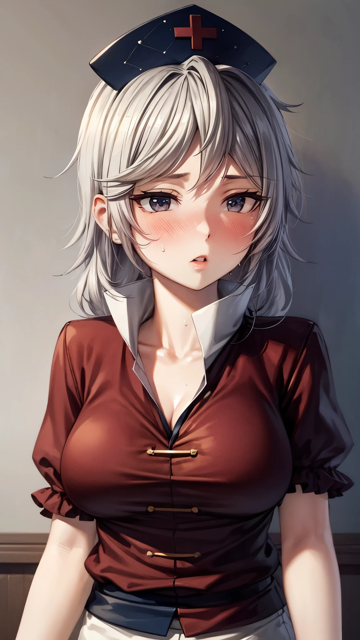(Ultra High Quality,Ultra High Definition,16k,super masterpiece,Ultra HD , detailed shading and background,) one woman,Long silver hair, braids, Chest Valley, nurse cap , sweaty,blush,Thick lips,Old medical room,