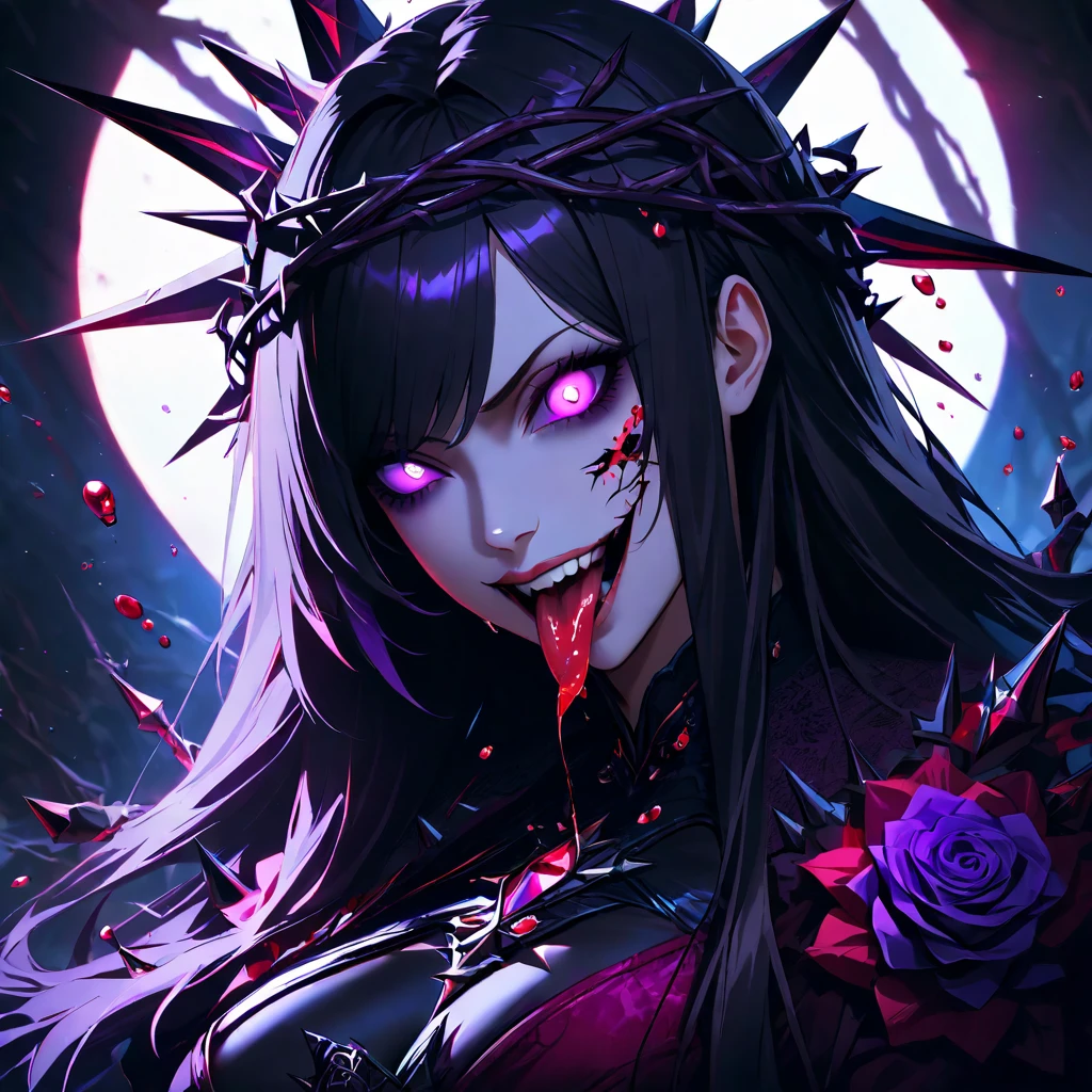 beautiful woman, ((domination)), erotic, ((fantasy)), ((blood magic)), stylized art, masterpiece, best quality, highres, purple hair, blood, covered in blood, smiling crazily
