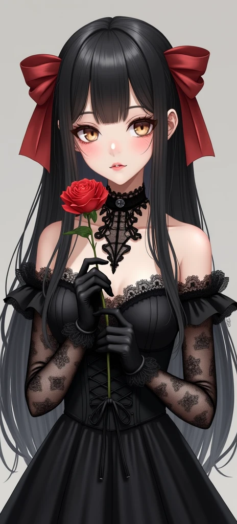 realism; black lace dress; gothic; sweet face; straight hair; long black hair; beautiful eyes; beautiful, red lips; black eyes; background with fog and red flowers