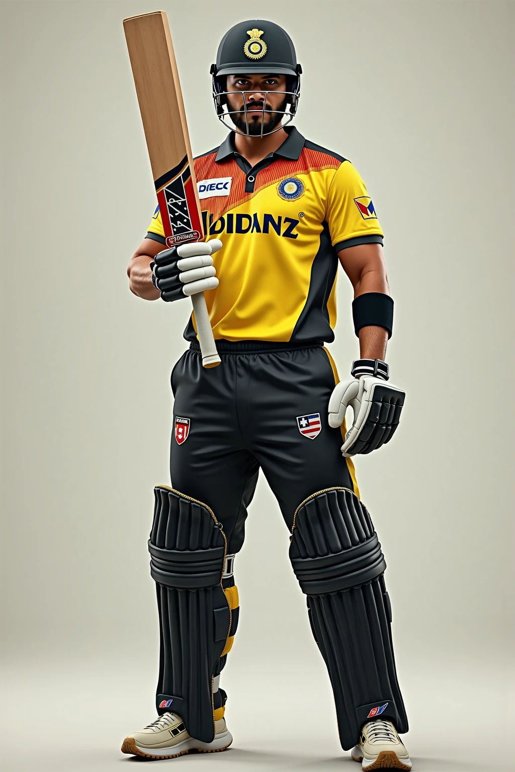 Show me a cricket player with AUS written on his yellow jersey and wearing white sneakers, full body front view, A hand holding a cricket bat,顶光drop shadow, anaglyph, stereogram, tachi-e, ass pov, atmospheric perspective, 8k, super detail, best quality waiting to start
