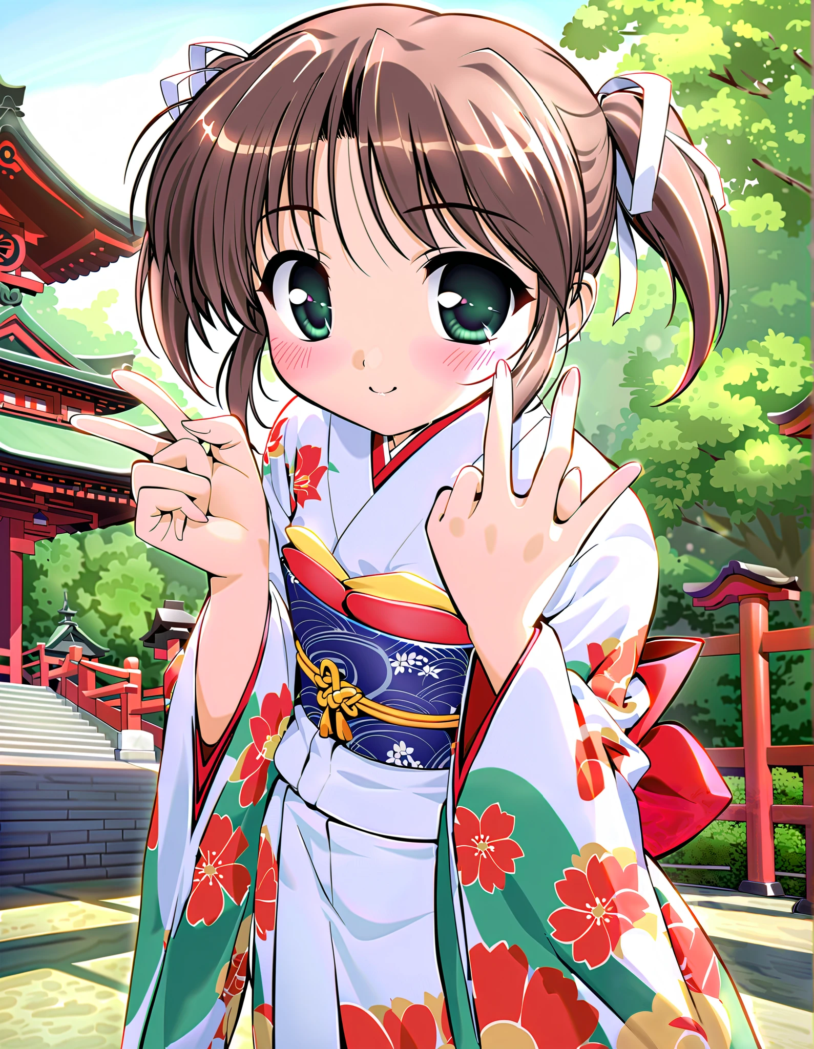 Asagiri Mai_3age, Alone, (cowboy shot), brown hair, short hair, hair ribbon, twintails, green eyes, small breasts, (Cute Japanese clothes), ( cute pose), (Shichi-go-san), (Red cheeks:1.2), (bright smile:1.1), (5Finger), (Clean hands), (shrine), (morning), score_9, score_8_superior, score_7_superior, source_ anime, (best quality:1.2), high quality, full color, 8k, High Resolution