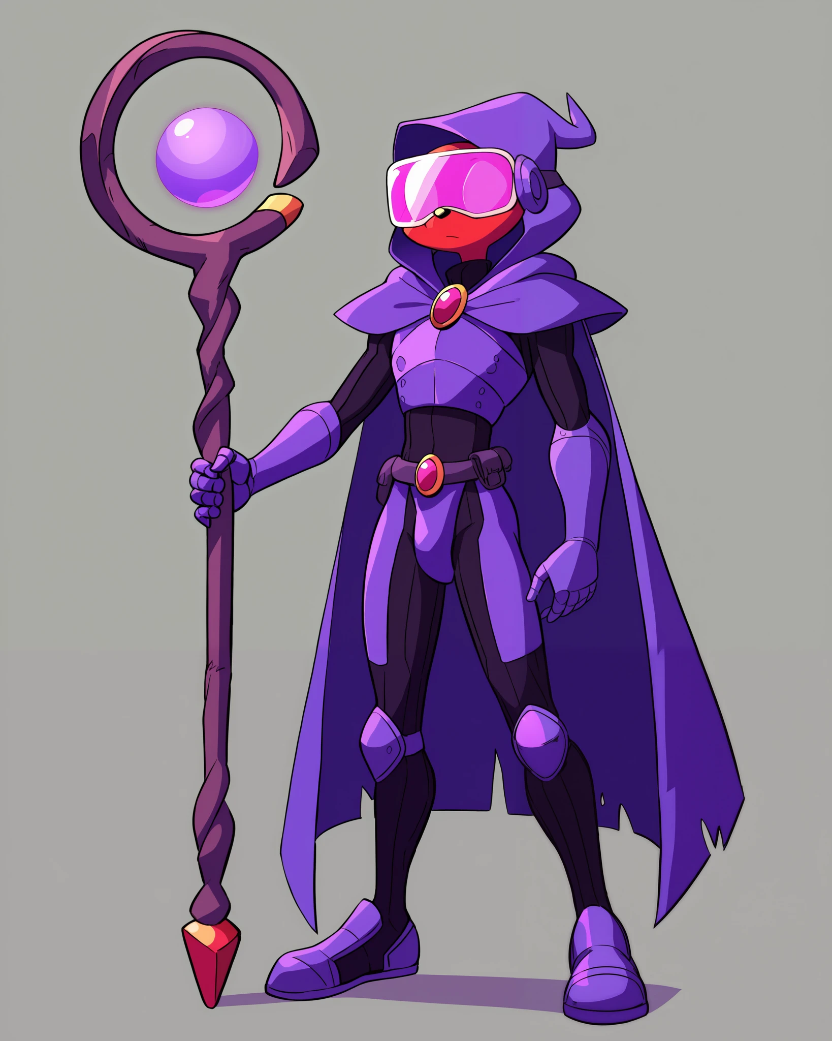 A full body view of Morgan Lux aka AntiMatter the male anthro aardvark (Appearance:
 * Head: AntiMatter has a translucent purple head with a printed visor design. The visor is a dark, almost black color, giving him a mysterious and menacing look.
 * Color Scheme: His overall color scheme is predominantly dark blue, black, and purple. This reinforces his villainous nature and fits the "AntiMatter" concept.
Costume:
 * Hood and Cape: He wears a dark blue hood and cape, adding to his shadowy and enigmatic persona. The cape has a textured fabric appearance.
 * Torso: His torso features a printed design with a circular emblem in the center. This emblem matches the orb on his staff and has a swirling purple pattern. There are also printed details suggesting armor or robotic components.
 * Legs: He has black legs with printed details that continue the robotic or armor theme from his torso.
 * Staff: He wields a staff with a large, translucent purple orb at the top. The orb has a swirling pattern and a smaller, dark center, possibly representing a source of energy or power. The staff also has two black, wing-like elements on either side of the orb.
 * Arm Accents: He has purple accents on his upper arms, adding a touch of color and detail to his costume.) AntiMatter background. The character sheet contains information about his species, level, health, and other attributes., tiny toons style, by diives, 
