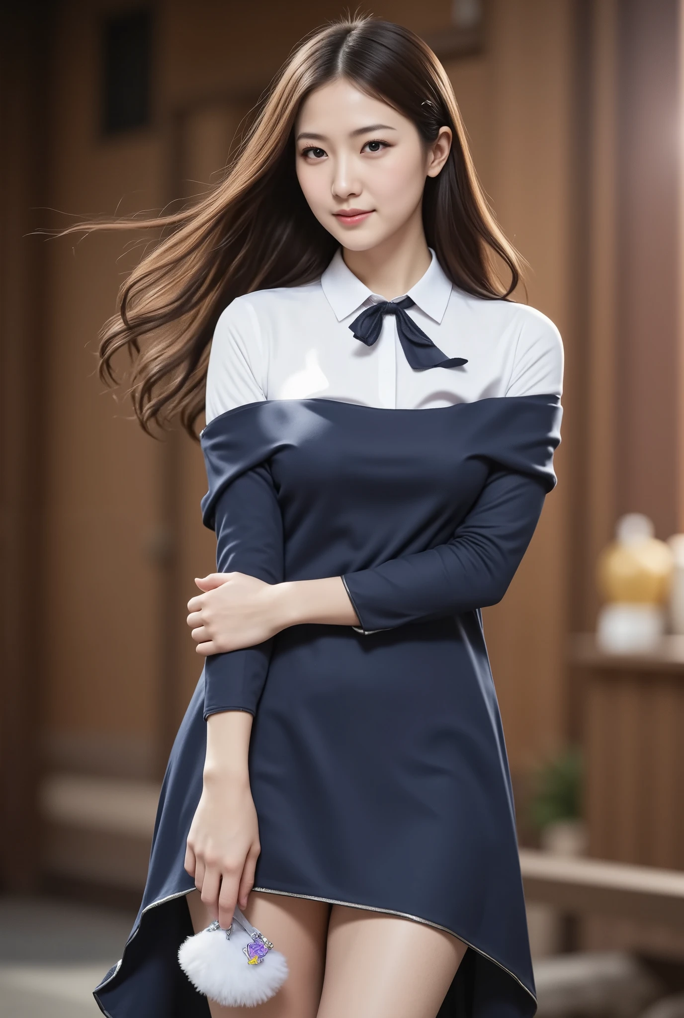 full body shot, absurdres, RAW photo, extremely delicate and beautiful, masterpiece, Best Quality, ultra high resolution, 32k, hyper realistic, ultra-detailed, Very detailed CG 8k wallpaper, detailed background, landscape, Beautiful Lighting, Perfect Lightning, Realistic Shadows, perfect anatomy, anatomically correct, ideal ratio body proportions, perfect figure, Perfect Style, Perfect balance, super Detailed skin, in her 10s, very Slim body, narrow waist, very small head, very small face, delicate facial features, handsome detailed woman, very detailed eyes and face, realistic face proportions, Realistic beautiful face, Realistic beautiful eyes, tearful mole, earring, very huge round tits, medium hair, asymmetrical hair, wavy hair, cheongsam, bare legs, bare knee,