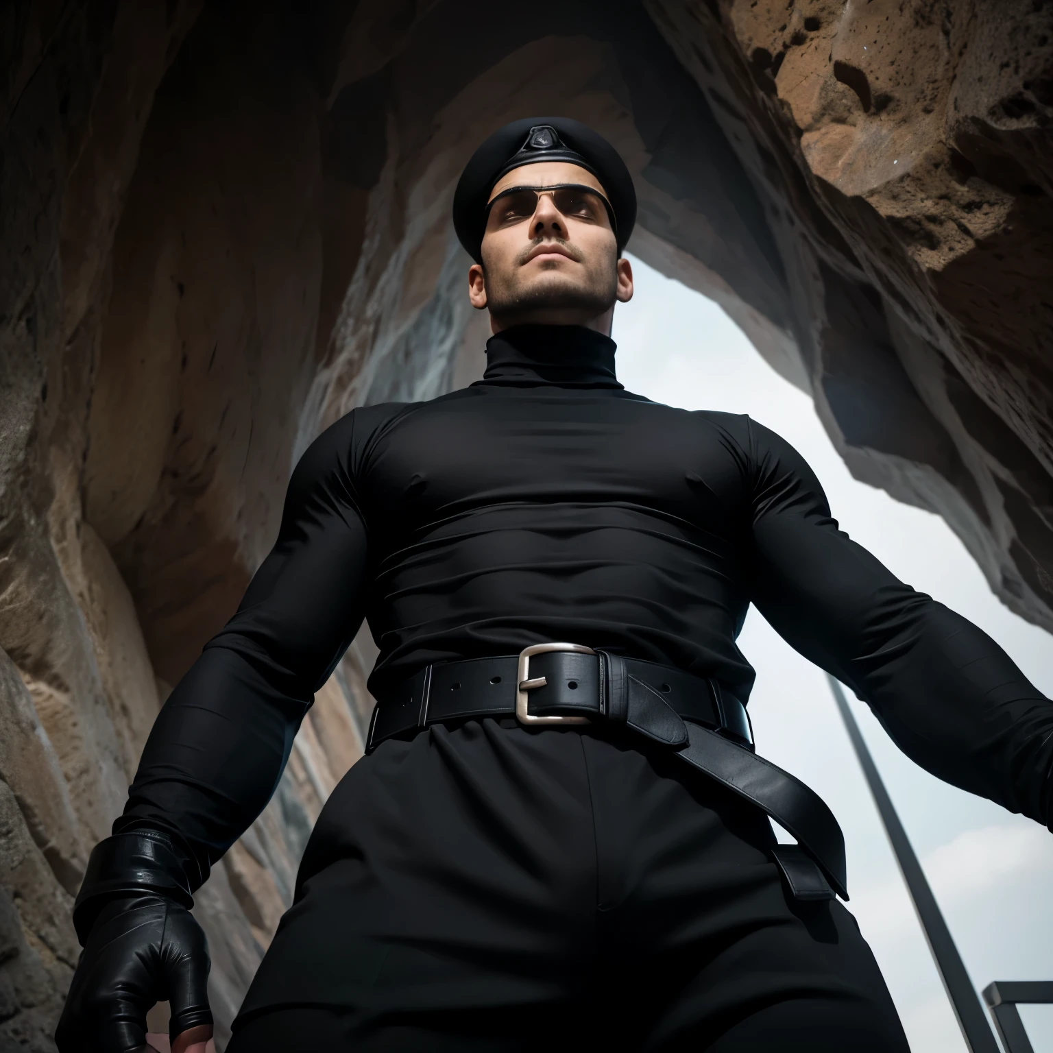 Age 35、 handsome man , 1 person、Black Turtleneck Long Sleeve Tee。 short hair short hair 、In front of the cave、A manly provocation Black eyepatch 、 View from below図。 upper body up threatening appearance View from below black gloves Black Belt 顔up black beret Black Turtleneck Long Sleeve Tee。 View from below Entrance Security upper bodyup