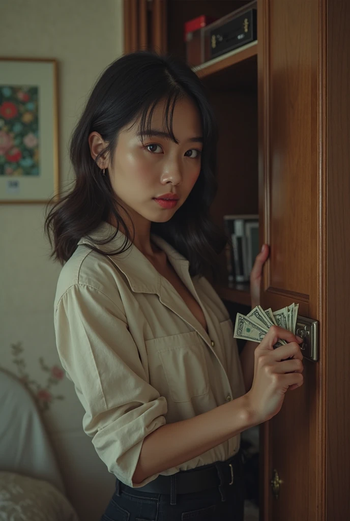 Herman Soe at night in a simple house, beautiful young indonesian women, voluptuous, sweating, messy hair like just woke up, wearing a tank top, tattoo "Billy" on his chest, in front of him there is a hand giving money, against a dull wall, wet hair, Low light
