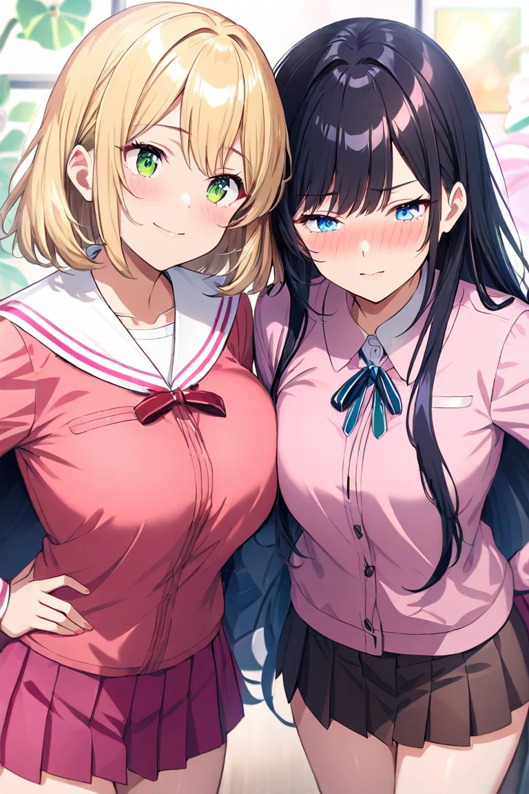 Two girls(long hair、blond hair(A pair of ribbons on the left and right)、Big Breasts、 green eyes、Fleeting)、(short hair、 black hair、 small tits、 blue eyes、Rin々Shii)、 pale pink sailor suit wearing a hakama( red miniskirt )、1Hold both ends of the book Pocky、 and stare at each other、eyes on female genitals