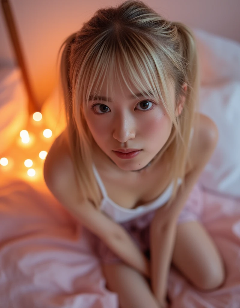 photo realistic,(1 young beautiful korean girl, laying on a bed in a sexy pose),(wearing sexy lingerie:1.2),(distant gaze:1.2),full accesories,necklace,slim waist,soft makup, instagram (photorealistic, high resolution:1.2), looking at viewer , (cute face:1.15) (8k, RAW photo, best quality, masterpiece:1.2), (realistic, photo-realistic:1.17),(sharp focus:1.2), professional lighting, photon mapping, radiosity, physically-based rendering, (pale skin:1.2),(medium breasts:1.2), blue eyes, (pink hair:1.2), realistic, (masterpiece:1.25),(best quality:1.25),(shiny skin),(red lips, halo makeup:1.15),(skinny,shy :1.2), (sunset light:1.15), outside,