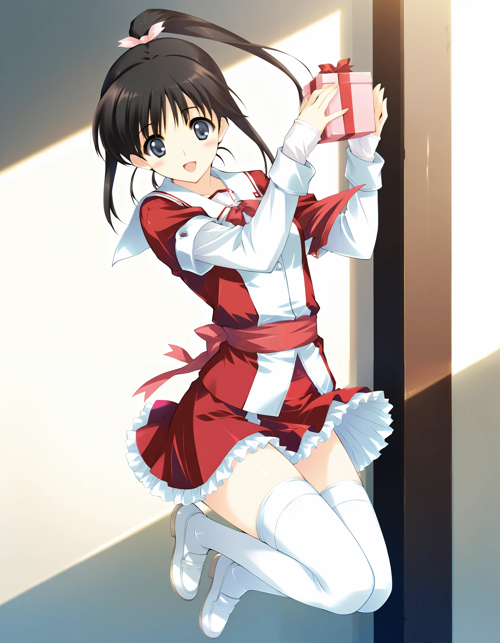 masterpiece,best quality,good quality,smile, looking at viewer, solo, anime coloring, ((sugiura_koharu)),sugiura_koharu\(white_album_2\),1girl,solo,black hair,ponytail,hair ribbon,blue eyes,open mouth,1girl,(((red and white jacket))),(sailor suit jacket),(multicolored jacket)((red bow tie)),((layered sleeves)),((sleeves past wrists)),((red sash)),((waist ribbon)),((red skirt)),((frilled_skirt)), ((white_thighhighs)),solo focus, full body, long shot, jumping,Dynamic pose,High solution,. her hair is floating in the air, Reflecting agile movements, Contrasting colors enhance the lively atmosphere of the scene, The speed effect of moving lines adds an anime touch to the action)), (((Motion Effect))), (Like a subtle blur), fighting stance,,(hands hold gift box),((hide hands behind back)),blush:0.8,((solo))