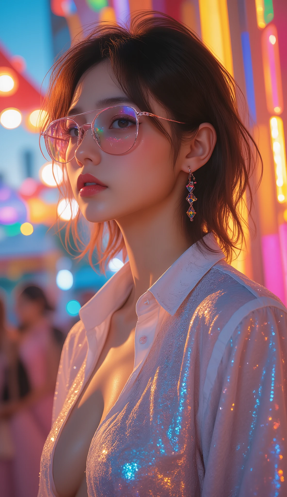 front open shirt, 8,000, masterpiece, of the highest quality, futuristic, Holographic Glasses, Rainbow earrings, Sparkling Sequin Outfits, Neon Colors, Vivid Reflections, Carnival Scene with sunglasses, Wavy Hair, glossy lips , High Fashion Makeup, Colorful Geometric Patterns, Festive Attraction, Sunny Golden Hour, Fine jewelry , Prism Lighting, cyberpunk aesthetic , Surrealist Textures, Fashion Photography , Vivid Color Palettes