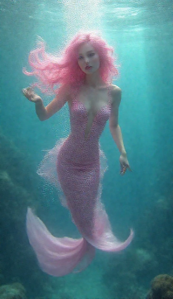 Portrait of an extravagant and colorful woman who resembles a mermaid. perfectbody, natural breasts, clean skin, Youth Resources, wide open eyes and cheeks. vibrant view, Gravity-defying hair in shades of purple, cerulean, pink and turquoise . Your hair blends in with corals and marine animals, creating an underwater illusion. Small bubbles floating around the head add to the underwater theme. General Effect: Serene otherworldly underwater creature in silent contemplation.