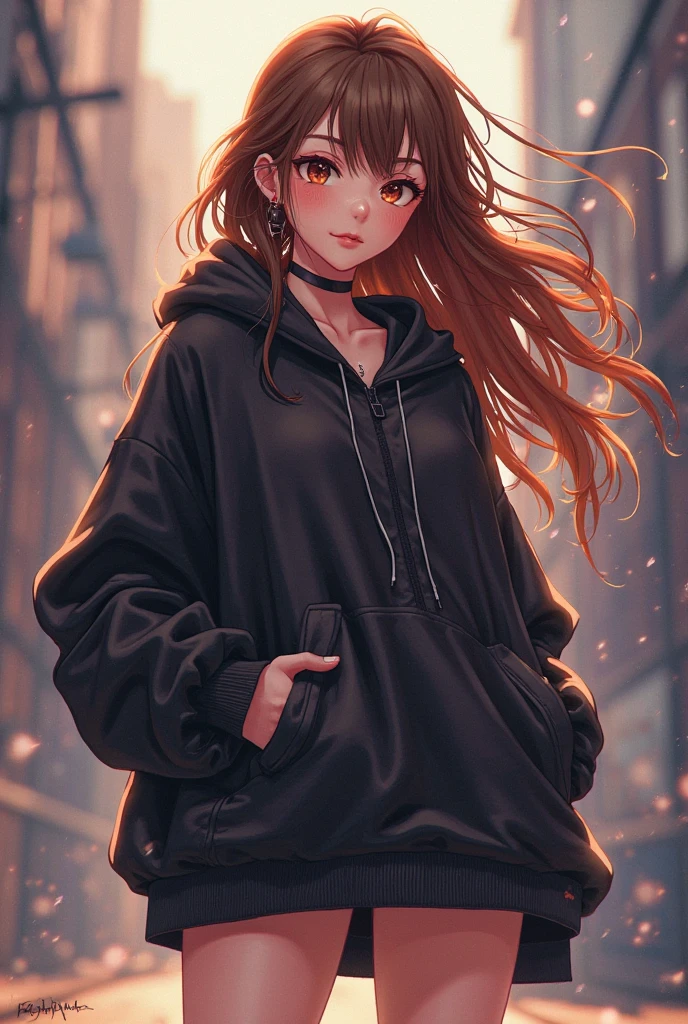 Anime character style. Brown hair caramel colored skin. Black long hoodie and a short active skirt