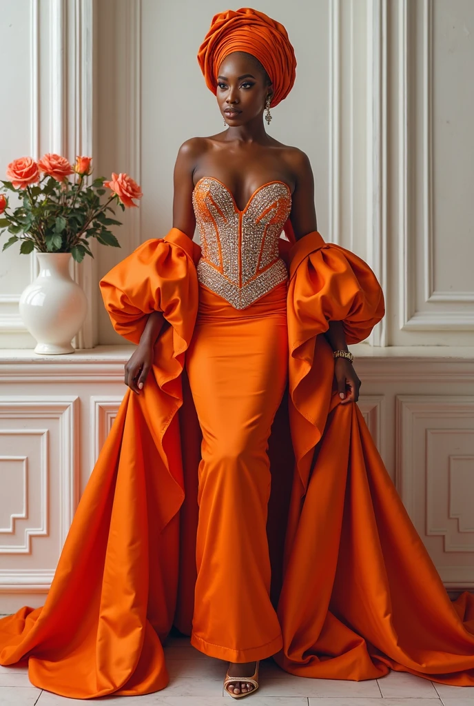 A black woman with braided hair in a mohawk hairstyle with a gold crystal earring wearing a long orange evening gown with a long tail and neckline with a flowing neckline and transparent sleeves all embroidered in swaaroviski crystals steals golden high heels