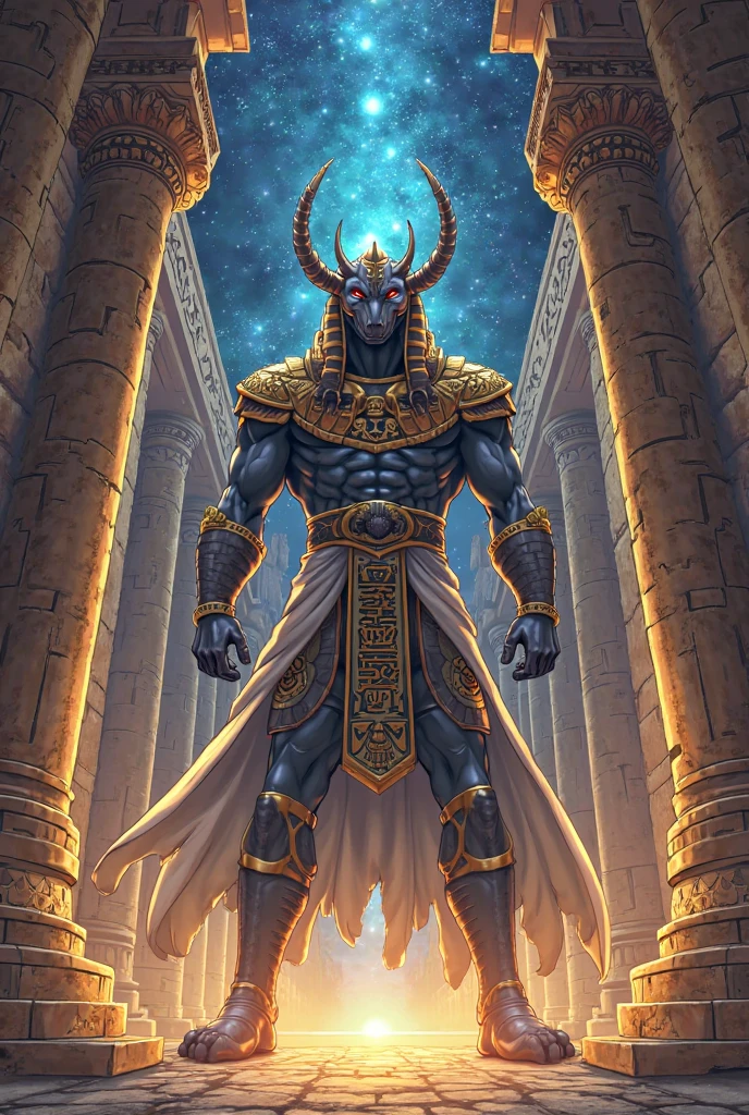 solo, male, Anubis, god, king, big bulge, muscular, big shoulders, slim waist, ((detailed cloth, stars, muscular body)), (brown fur, majestic print), ((black body)), white mask, (gold helmet), glowing eyes, Dragon mask, detailed teeth, detailed face, detailed fluffy fur, detailed face, detailed eyes, gold accessories detailed body, robes, armor, detailed face, detailed eyes, dark blue slack pants, sash, gold trimming, armor, red undershirt, red shirt, full body, splash art, official splash art, arcana skin, splash art, (masterpiece, high quality, hi-res,8k), standing, close-view portrait, looking at viewer, indoor, happy expression, day, smirk, dynamic pose,