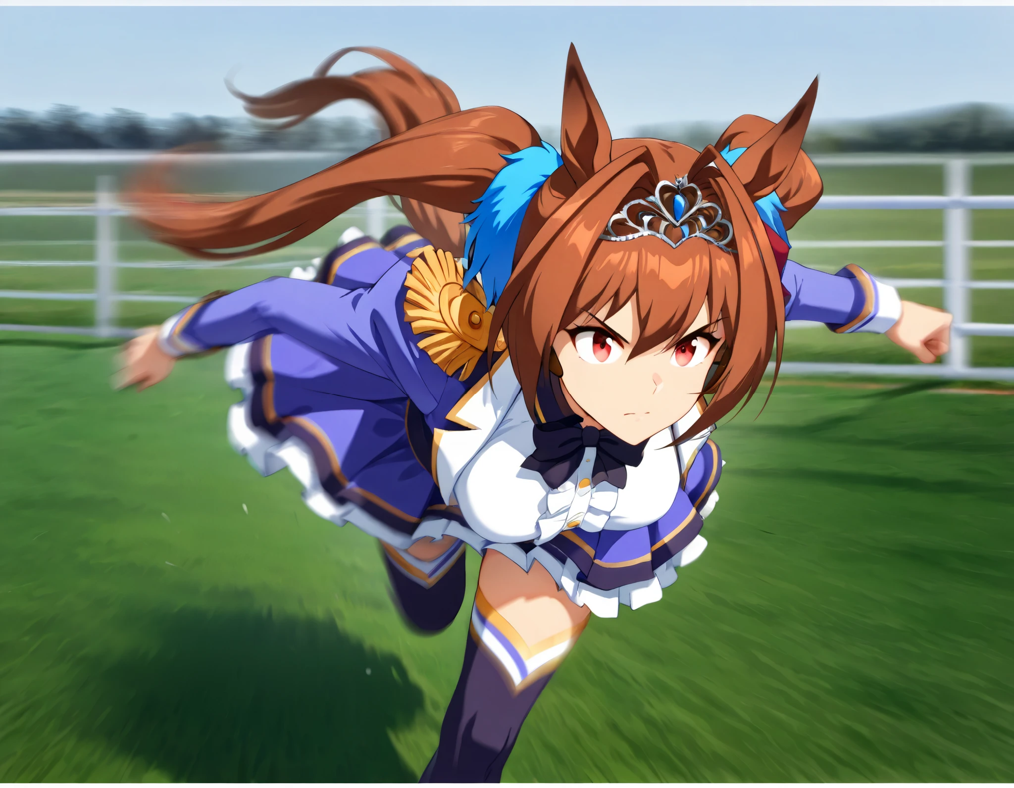 (best quality, highest quality:1.2), masterpiece, top quality, ultra high definition, rich contrasts, HD, 8k, High Definition CG Unit Wallpaper, texture , Unbelievably Absurd, ultra high definition, RAW photos, Deep border:1.2, very detailed, ((dynamic pose, motionblur, some background blur, the anime girl is running, intoxicatingly blurry)),
daiwadef, twintails, tiara, horse ears, underbust, center frills, red eyes, bowtie, epaulettes, long sleeves, skirt, thighhighs, horse tail, ((grass horse race tracks)),