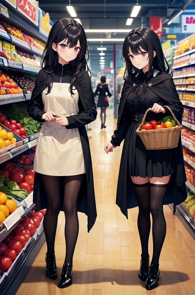 Beauty mother-in-law　Height difference　shopping　Supermarket　Black Hair　Straight long hair　beret　White knitted sweater　Mother and daughter have beautiful breasts　mini skirt　clear