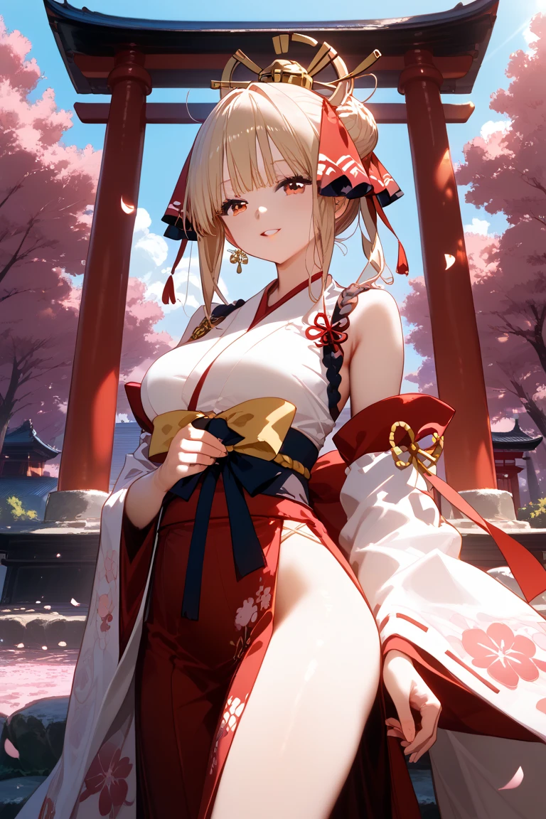 a blond、red eyes、Beautiful girl alone、realisitic、Floral kimono、off shoulders、a miniskirt、red blush、Bright red rose garden、