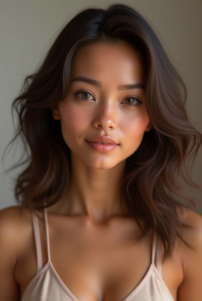 Asian dark-skinned woman, with light brown hair with curls, big brown eyes, a small nose, thick lips, white teeth with braces, a medium-sized chest, a white shirt, black jean pants, freckles on the nose
