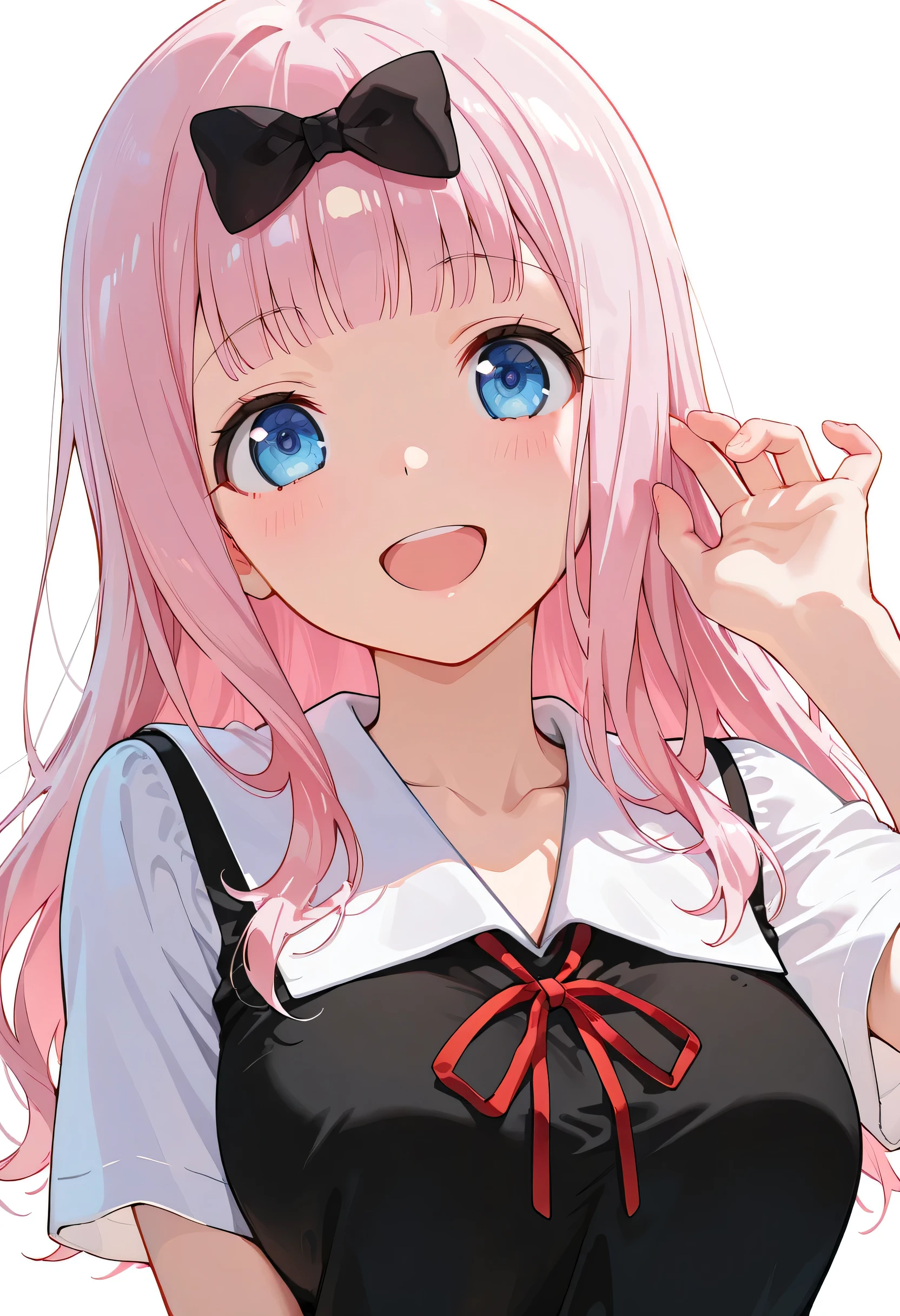 748cmstyle, masterpiece, best quality, amazing quality, anime screencap,shuuchiin academy ,1girl,fujiwara chika,solo,summer uniform,black bow,open mouth,looking at viewer,red ribbon,short sleeves,:d,black dress,collarbone,white background,upper body,neck ribbon,flower,arm up,medium breasts,