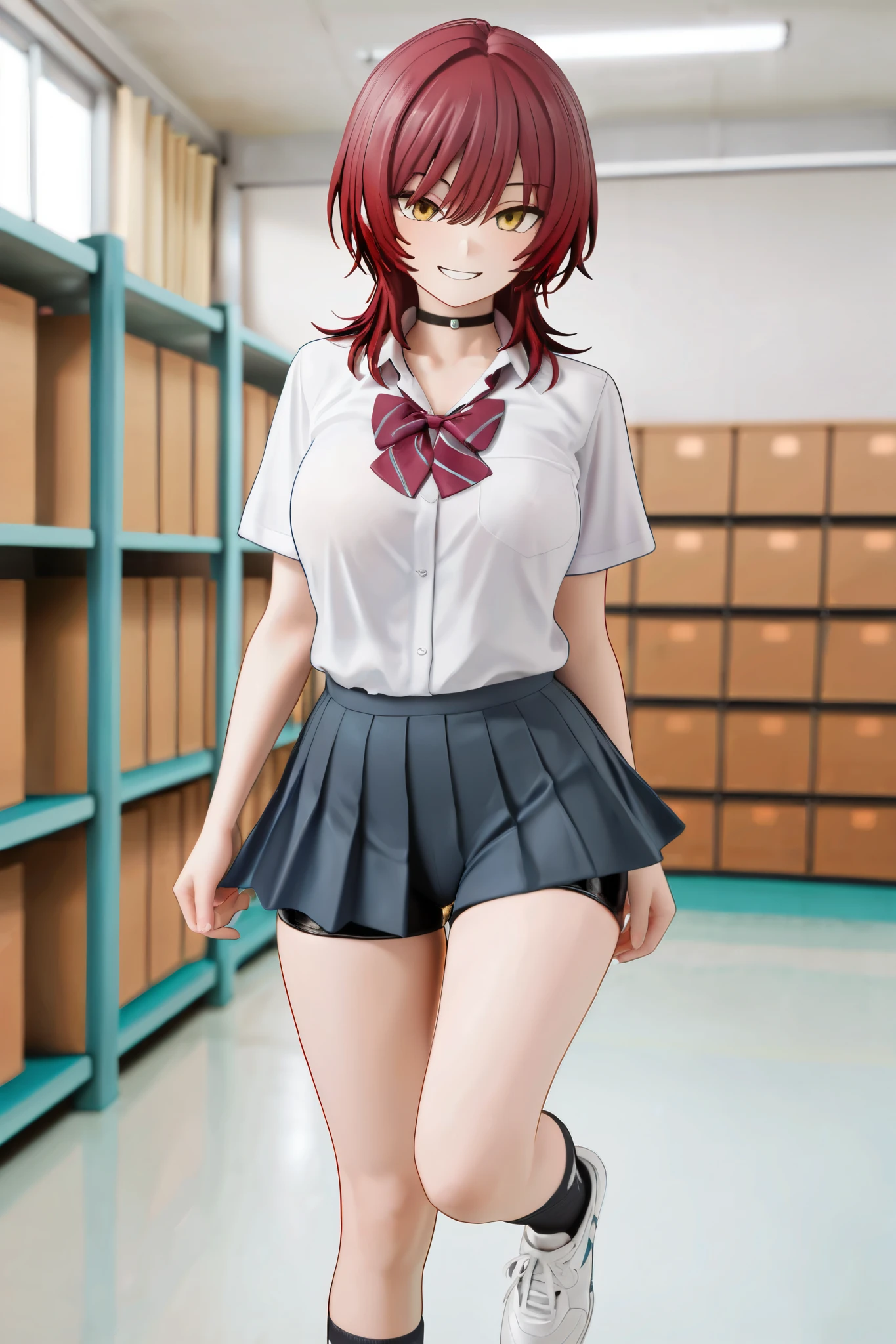 masterpiece, best quality, high resolution, 1 girl, Super high resolution, alone, drive me, d.and, earphone, pink eyes, blue leggings, brown hair, White gloves, cat face decoration,