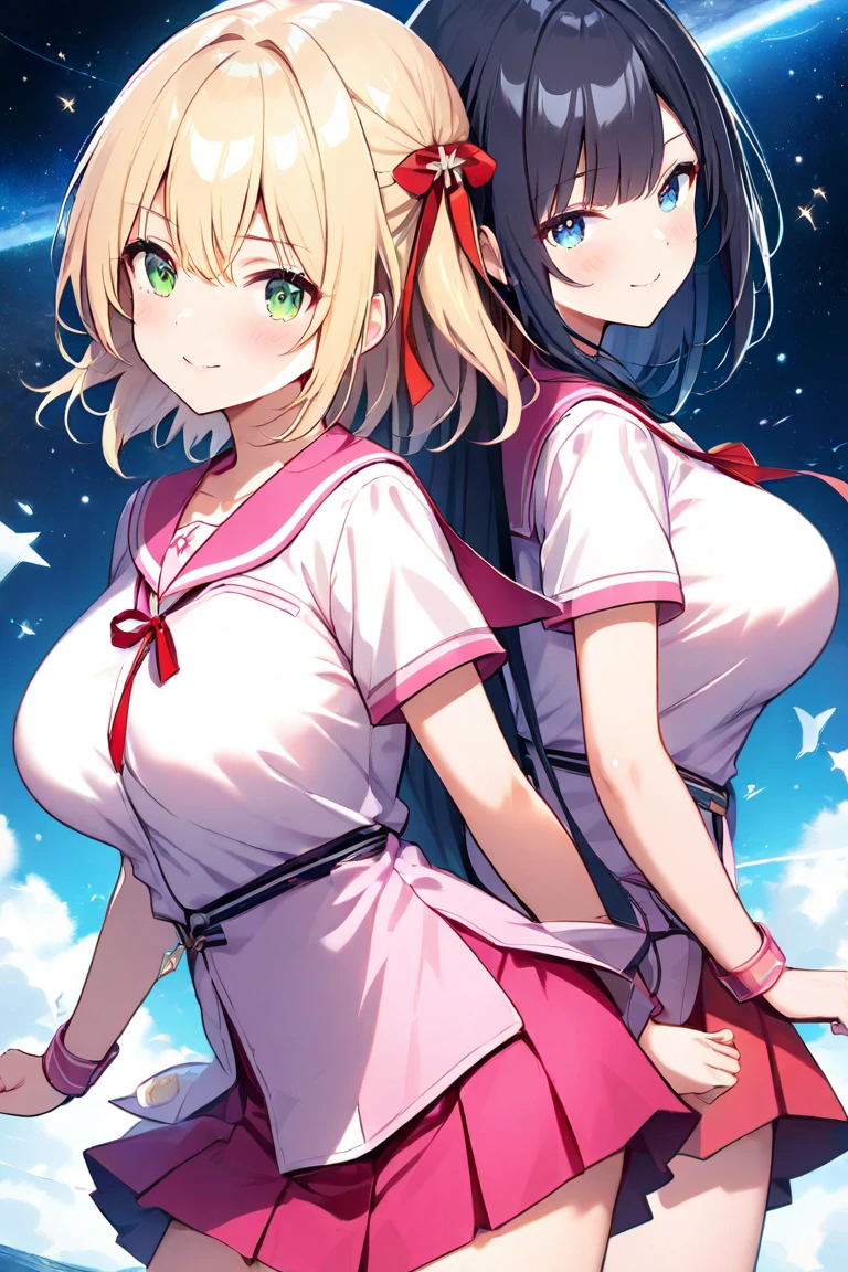 Two girls、 character for V2１（long hair、blond hair（A pair of ribbons on the left and right）、Big Breasts、 green eyes、儚げ pale pink sailor suit wearing a hakama（ red miniskirt ）、）、 character for V2２（short hair、 black hair、 small tits、 blue eyes、Rin々Shii、 pale pink sailor suit wearing a hakama（ red miniskirt ））、 back to back 、 Under the Starry Sky、Mysterious Atmosphere