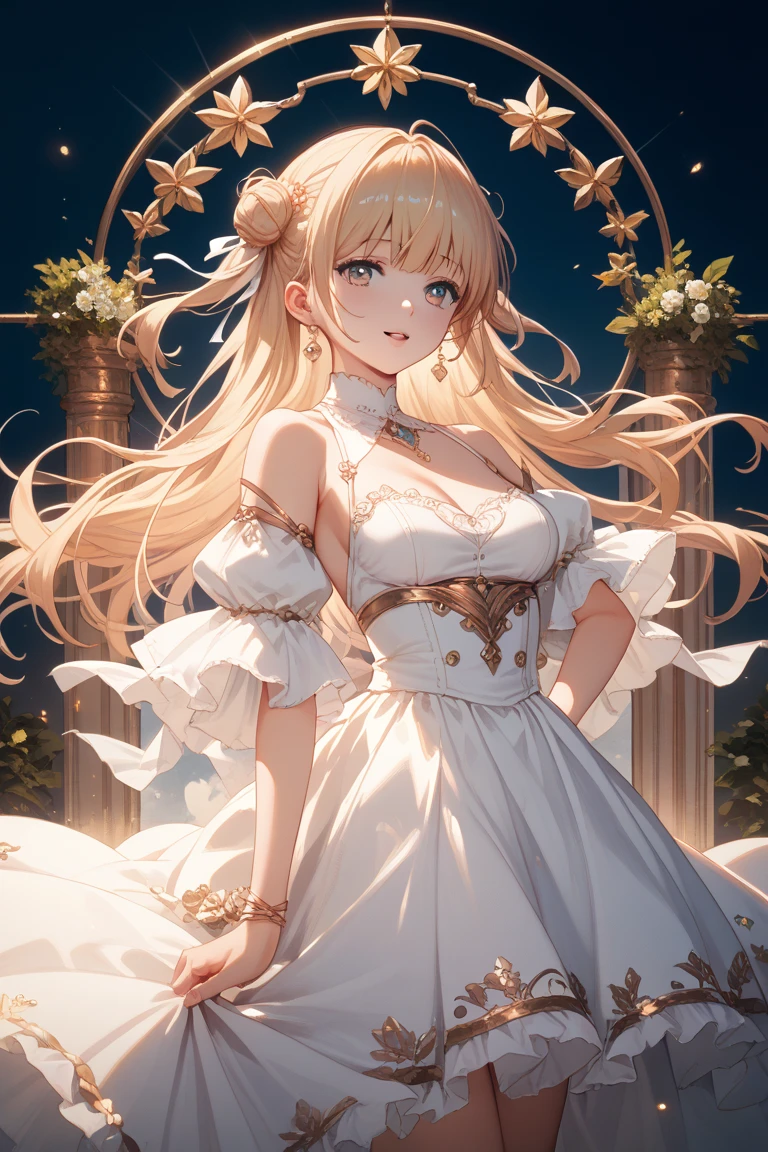 ((anime artstyle)),(((absurdres, Full-HD))),(Masterpiece),(Best Quality),(Super Detail),((Very Delicate and Beautiful)),cinematic lighting,Solo,full body,((full body shot)),((1 gorgeous bling-bling princess)),detailed face and eyes,jewel-like eyes,(((absurdly gigantic tits))),(((cleavage,curvy))),Skindentation,((fantasy castle,outdoor)),((crinoline,long train)),super detailed gorgeous princess rococo ballgown with voluminous full length hoop skirt and long train,((bling-bling gorgeous rococo ballgown with beautiful embroidery and jeweled)),((large amount of straight hair, absurdly long hair,Very Long Straight Hair)),extremely gorgeousfull hair ornament,(bling-bling extremely gorgeousfull jeweled tiara),luxurious jewelry,full body shot,((bling-bling gorgeous rococo ballgown with voluminous full length hoop skirt))