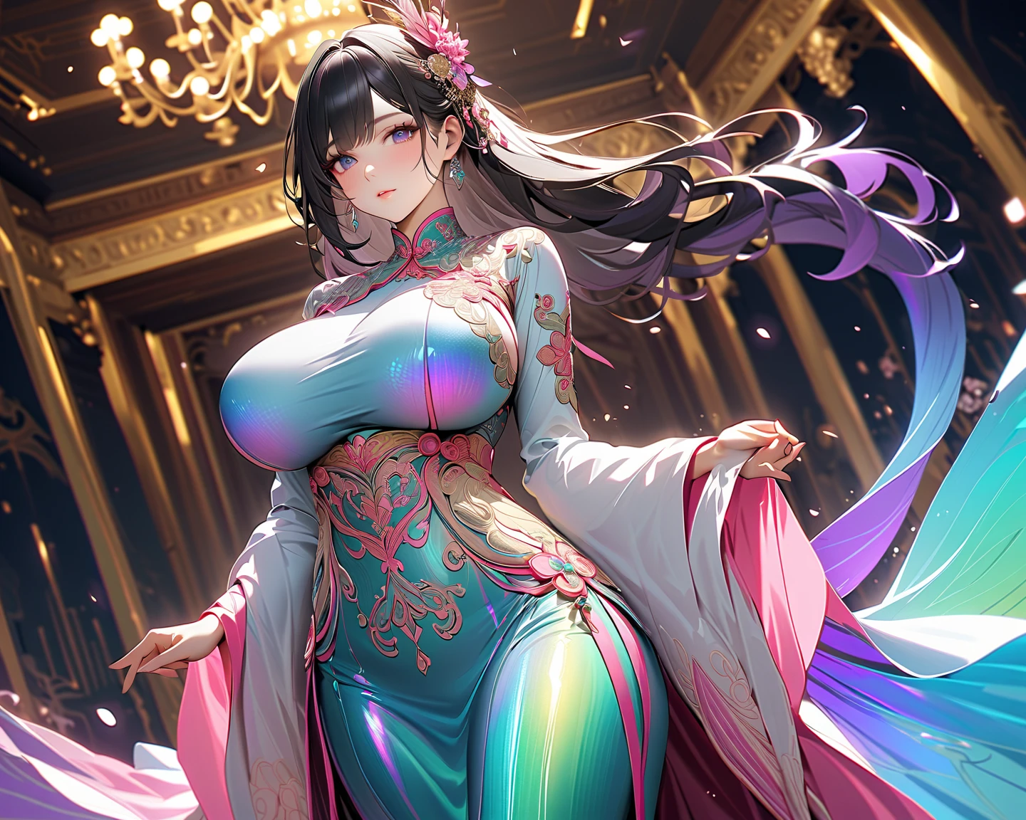 Highly detailed CG unit 8k wallpaper, masterpiece, High resolution, highest quality, highest quality real texture skin, Super Real, Digital Painting, Best image quality, 最High resolution, 8k, ((Highly detailed eyes and face)), 1girl, Beautiful eyes every detail, Full Body Shot, breast focus, Accentuate your chest, chinese style embroidery, china dress, slit, Thighs, ((disproportionate breasts, huge breasts, sagging breasts, Cleavage, gigantic breasts, Saggy breasts, Gravity-dependent breasts, long chest, Heavy chest, erect nipple)), smile, grin, ((Diao Chan, Three Kingdoms)), lewd, Prostitute, Light peach, Light purple, white,