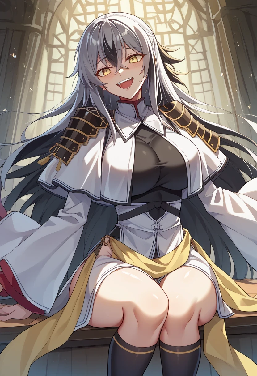 score 9 、score 8 up、score 7 up、score 6 up、source anime、masterpiece、Highest quality、High Resolution、 1girl 、Nagao Kagetora 、Alone、 grins、evil smile、orgasm、cowboy shot、viewers、 Silver Hair、 long hair、multicoloed hair、 black hair、 yellow eyes、woman's focus、black shirt、Shoulder Armor、capelets、hip vent、Big Breasts、woman with very large breasts、open your mouth、teeth、犬teeth、white detached sleeves、Wide Sleeves、Yellow sash 、black knee socks、