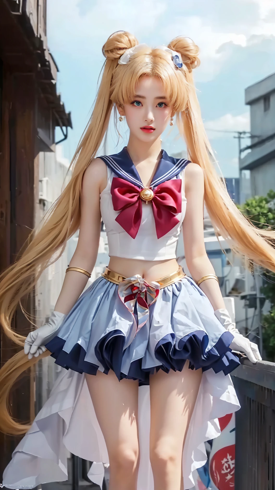 (( masterpiece)), (( of the highest quality)), ( super detailed ), ((Very detailed)), 4K, (8k), 帆士月,Chest丰满、Chest、 put your hands behind your back 、 Long golden hair, Two pippets, Sailor Moon aesthetic, pretty girl, rok berbulu, blue, Dream Core, 1girl , sailor girl, anime girl cosplay, anime cosplay, Sailor Moon style, inspired by Sailor Moon, Sailor Moon. beautiful, by Sailor Moon, cosplay photo, sailor moon!!!!!!!!, full-cosplay, cosplay, glamor cosplay, professional cosplay, anime girl in real life, Sailor Moon aesthetic, sailor uniform, public cosplay, ((Sad face)), chubby body, plump body, thin lips, shiny lips, blue eyes. long gloves, white gloves, crescent moon earrings, blue choker, deserted city alley background, realistic