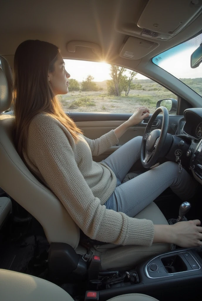The perspective is from the front of the car, positioned on the dashboard, with the camera angled toward the backseat and trunk. From this vantage point, the view is dominated by an enormous, towering giantess who is somehow seated in the back of the tiny, compact vehicle. Her colossal frame completely overwhelms the cramped interior, making the already minuscule space feel even more suffocating. The front seats have been fully reclined in a desperate attempt to make room, yet her impossibly long legs still stretch forward with ease, her feet effortlessly resting on the pedals. Her arms, equally elongated and slender, extend from the backseat, gripping the steering wheel with remarkable ease.
The car's interior appears absurdly small in comparison to her massive proportions, forcing her into an extremely hunched and contorted position. Her head is nearly pressed against the ceiling, her back bent at an unnatural angle, and her long limbs awkwardly folded just to fit within the vehicle’s tight constraints. The space is so limited that every slight movement feels restricted, as if the car is struggling to contain her vast presence.
Dressed in casual, everyday clothing—perhaps a loose sweater and jeans—she exudes an effortless yet striking presence. Her long hair cascades over her shoulders, slightly tousled from the struggle of fitting into such a confined space. Despite her overwhelming size and the extreme discomfort of her severely bent posture, she remains calm, though her body language suggests a quiet tension.
The atmosphere is surreal and slightly uneasy, as her immense form dwarfs the tiny, ordinary vehicle. Sunlight filters through the windows, casting soft glows on the dashboard and emphasizing the stark contrast between her towering figure and the car’s ridiculously cramped interior.
The scene feels both absurd and captivating, pulling the viewer into the bizarre reality of a being so vast attempting to navigate a world built for much smaller people.