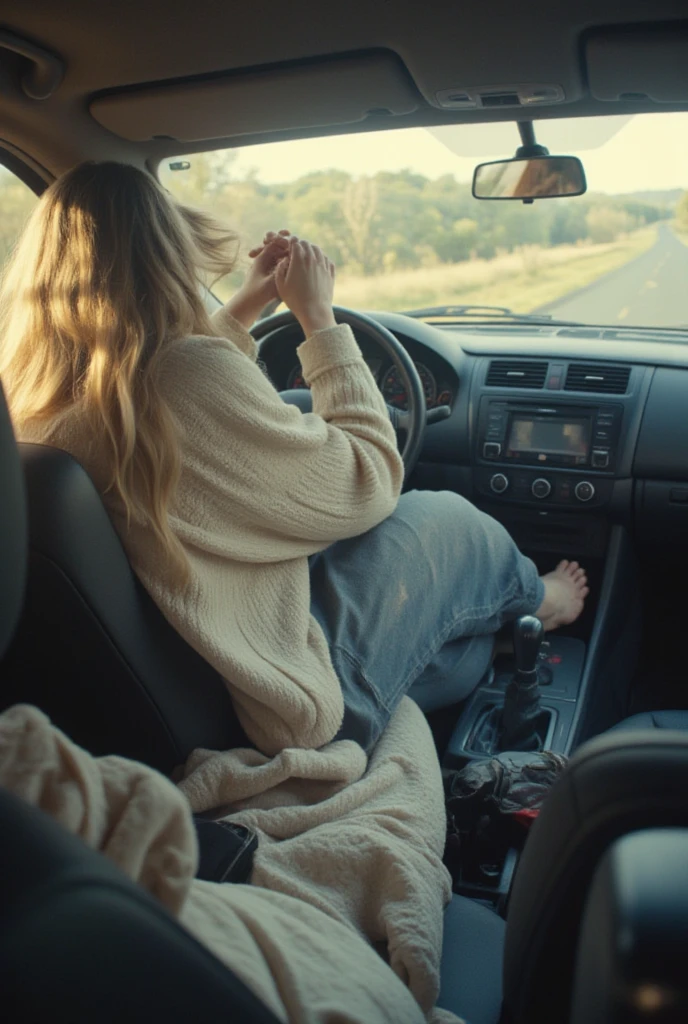 The perspective is from the front of the car, positioned on the dashboard, with the camera angled toward the backseat and trunk. From this vantage point, the view is dominated by an enormous, towering giantess who is somehow seated in the back of the tiny, compact vehicle. Her colossal frame completely overwhelms the cramped interior, making the already minuscule space feel even more suffocating. The front seats have been fully reclined in a desperate attempt to make room, yet her impossibly long legs still stretch forward with ease, her feet effortlessly resting on the pedals. Her arms, equally elongated and slender, extend from the backseat, gripping the steering wheel with remarkable ease.
The car's interior appears absurdly small in comparison to her massive proportions, forcing her into an extremely hunched and contorted position. Her head is nearly pressed against the ceiling, her back bent at an unnatural angle, and her long limbs awkwardly folded just to fit within the vehicle’s tight constraints. The space is so limited that every slight movement feels restricted, as if the car is struggling to contain her vast presence.
Dressed in casual, everyday clothing—perhaps a loose sweater and jeans—she exudes an effortless yet striking presence. Her long hair cascades over her shoulders, slightly tousled from the struggle of fitting into such a confined space. Despite her overwhelming size and the extreme discomfort of her severely bent posture, she remains calm, though her body language suggests a quiet tension.
The atmosphere is surreal and slightly uneasy, as her immense form dwarfs the tiny, ordinary vehicle. Sunlight filters through the windows, casting soft glows on the dashboard and emphasizing the stark contrast between her towering figure and the car’s ridiculously cramped interior.
The scene feels both absurd and captivating, pulling the viewer into the bizarre reality of a being so vast attempting to navigate a world built for much smaller people.