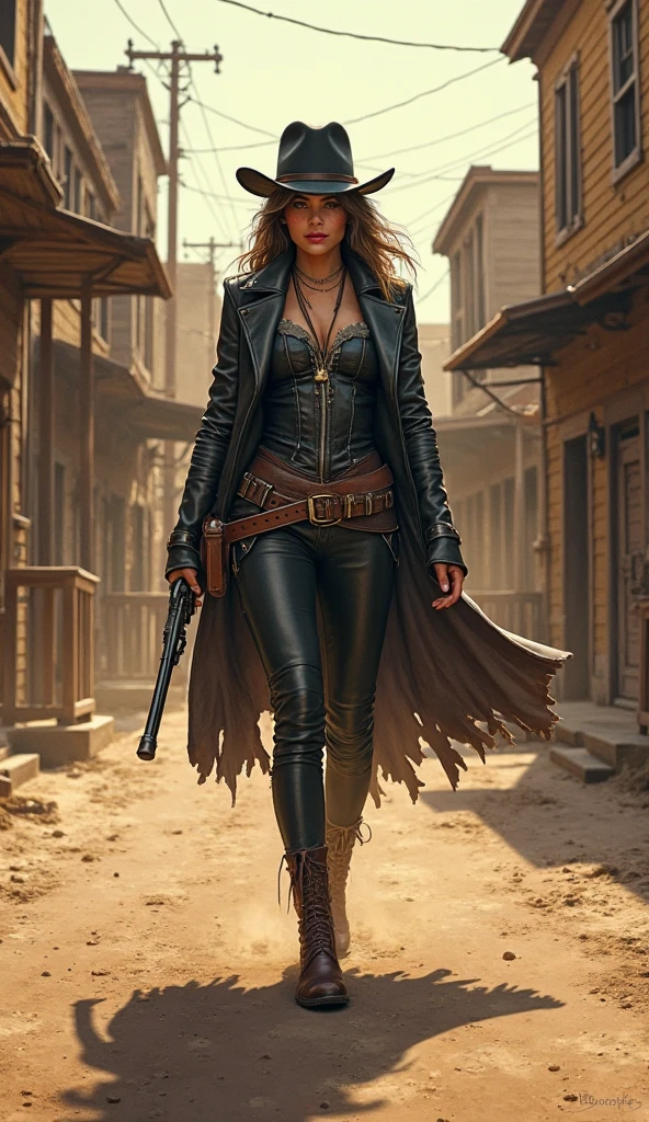 an attractive woman [gunslinger:bounty hunter:0.4] standing in a apocalyptic wilderness (ducreux style:1) <lora:djzDucreux_LB2:0.8>