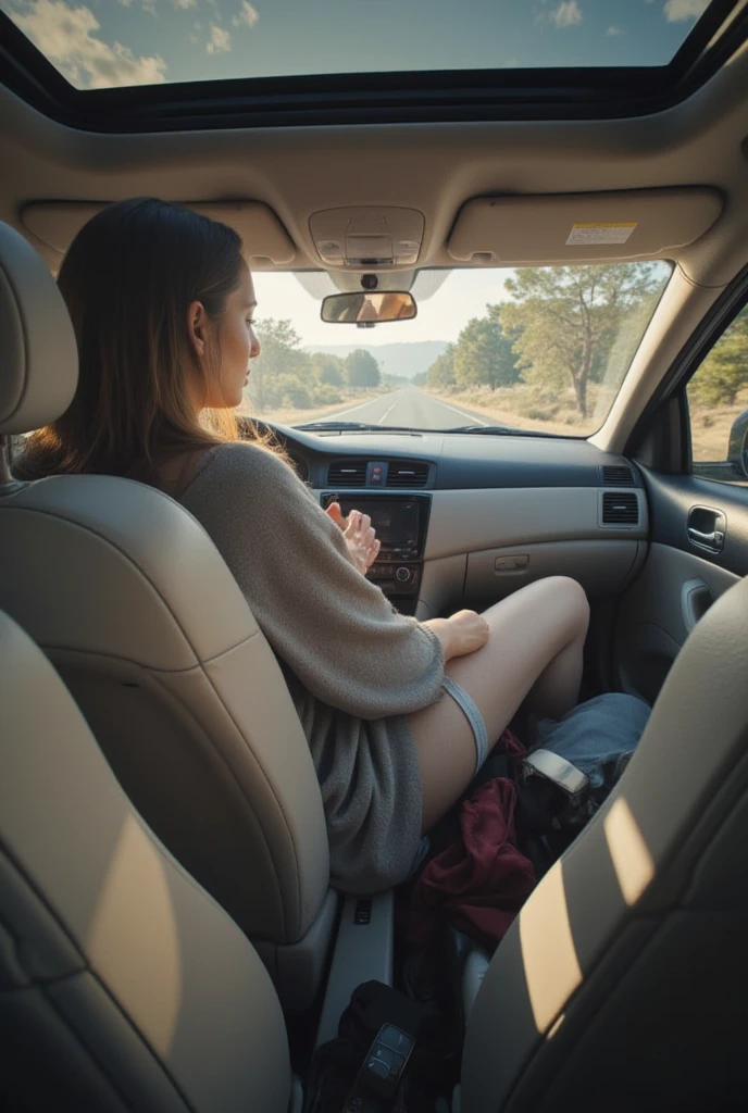 The perspective is from the front of the car, positioned on the dashboard, with the camera angled toward the backseat and trunk. From this vantage point, the view is dominated by an enormous, towering giantess who is somehow seated in the back of the tiny, compact vehicle. Her colossal frame completely overwhelms the cramped interior, making the already minuscule space feel even more suffocating. The front seats have been fully reclined in a desperate attempt to make room, yet her impossibly long legs still stretch forward with ease, her feet effortlessly resting on the pedals. Her arms, equally elongated and slender, extend from the backseat, gripping the steering wheel with remarkable ease.
The car's interior appears absurdly small in comparison to her massive proportions, forcing her into an extremely hunched and contorted position. Her head is nearly pressed against the ceiling, her back bent at an unnatural angle, and her long limbs awkwardly folded just to fit within the vehicle’s tight constraints. The space is so limited that every slight movement feels restricted, as if the car is struggling to contain her vast presence.
Dressed in casual, everyday clothing—perhaps a loose sweater and jeans—she exudes an effortless yet striking presence. Her long hair cascades over her shoulders, slightly tousled from the struggle of fitting into such a confined space. Despite her overwhelming size and the extreme discomfort of her severely bent posture, she remains calm, though her body language suggests a quiet tension.
The atmosphere is surreal and slightly uneasy, as her immense form dwarfs the tiny, ordinary vehicle. Sunlight filters through the windows, casting soft glows on the dashboard and emphasizing the stark contrast between her towering figure and the car’s ridiculously cramped interior.
The scene feels both absurd and captivating, pulling the viewer into the bizarre reality of a being so vast attempting to navigate a world built for much smaller people.
