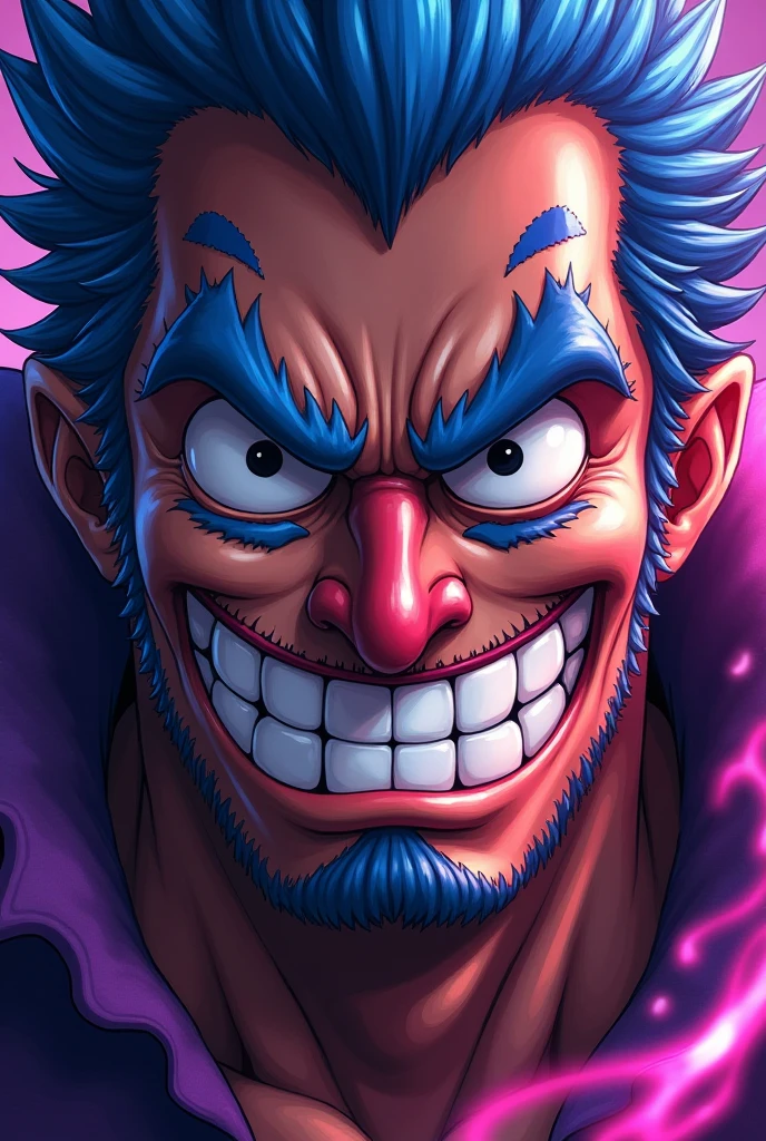 "Raijin Sea-Stork, a muscular shark-type male Fishman from One Piece, with dark blue scales and golden eyes. He has a trident-shaped scar on his right shoulder., Wielding a long, ragged pirate coat with a discarded marine insignia on his belt. Exudes a chaotic, free-spirited aura., embodying strength and compassion, ready for high seas adventure."