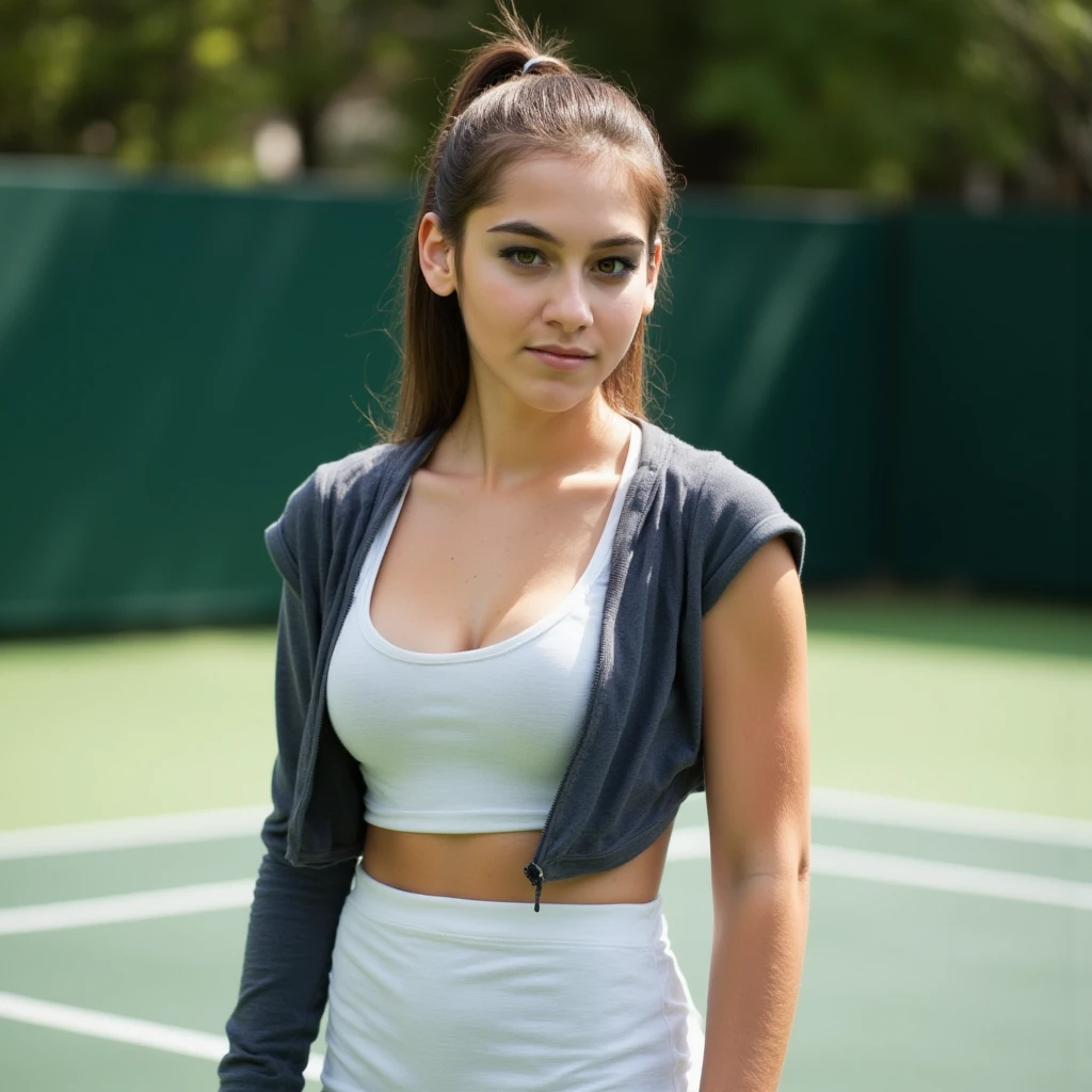 gorgeous cute spanish girl, fitiness model, natural big tits, see through, smiling, (crop top), black hair, grey nike top, white skirt, tennis court, hip-hop, smiling, hands back, perfectly symmetrical face, detailed skin, elegant, alluring, attractive, amazing photograph, DSLR, 80mm Sigma f2, depth of field, intricate natural lighting, sunny day, photo from above