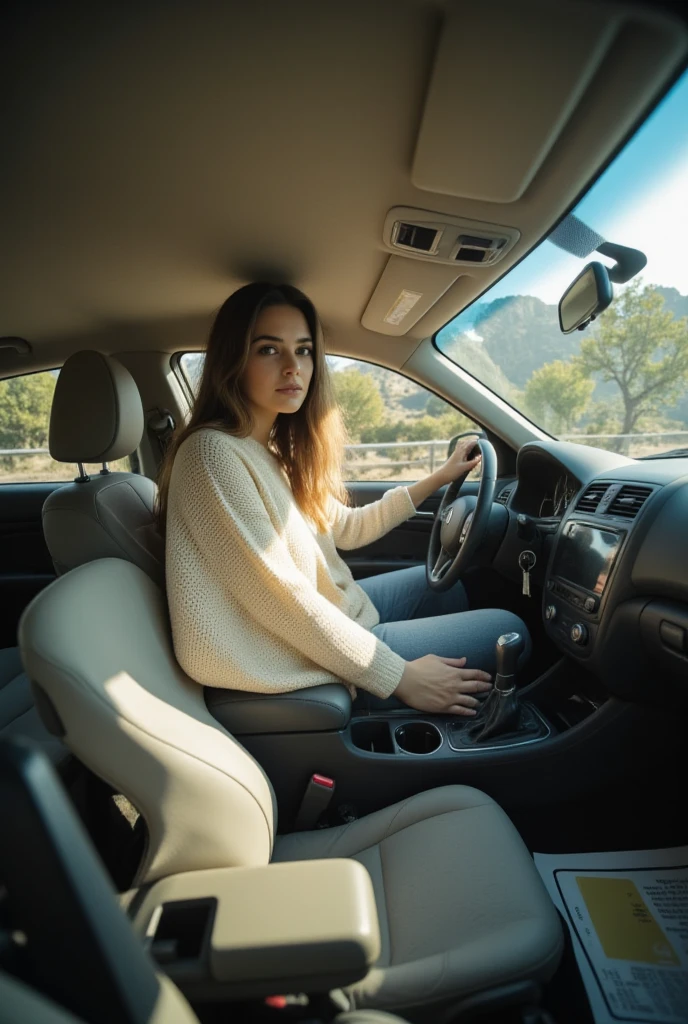 The perspective is from the front of the car, positioned on the dashboard, with the camera angled toward the backseat and trunk. From this vantage point, the view is dominated by an enormous, towering giantess who is somehow seated in the back of the tiny, compact vehicle. Her colossal frame completely overwhelms the cramped interior, making the already minuscule space feel even more suffocating. The front seats have been fully reclined in a desperate attempt to make room, yet her impossibly long legs still stretch forward with ease, her feet effortlessly resting on the pedals. Her arms, equally elongated and slender, extend from the backseat, gripping the steering wheel with remarkable ease.
The car's interior appears absurdly small in comparison to her massive proportions, forcing her into an extremely hunched and contorted position. Her head is nearly pressed against the ceiling, her back bent at an unnatural angle, and her long limbs awkwardly folded just to fit within the vehicle’s tight constraints. The space is so limited that every slight movement feels restricted, as if the car is struggling to contain her vast presence.
Dressed in casual, everyday clothing—perhaps a loose sweater and jeans—she exudes an effortless yet striking presence. Her long hair cascades over her shoulders, slightly tousled from the struggle of fitting into such a confined space. Despite her overwhelming size and the extreme discomfort of her severely bent posture, she remains calm, though her body language suggests a quiet tension.
The atmosphere is surreal and slightly uneasy, as her immense form dwarfs the tiny, ordinary vehicle. Sunlight filters through the windows, casting soft glows on the dashboard and emphasizing the stark contrast between her towering figure and the car’s ridiculously cramped interior.
The scene feels both absurd and captivating, pulling the viewer into the bizarre reality of a being so vast attempting to navigate a world built for much smaller people.