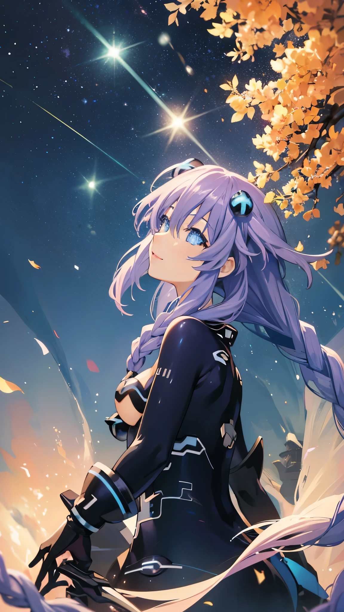 Background with, long purple hair, purple heart (((Hyperdimension Neptunia))). Anatomically correct anime effect