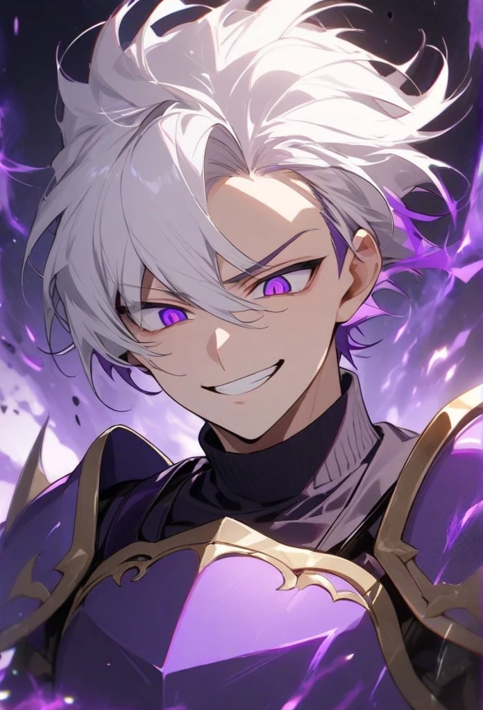 young adult Greek man with short white hair, hair shaved on the sides, Curtain cropped hair style, Violet Eyes, Effects of flares purple flames inside his eyes, wearing Greek armor all in purple that protects the entire body, wearing a simple turtleneck blouse under his armor, purple armor, evil expression, Giving a big and creepy smile showing, From the front looking down, with an evil purple spirit behind him smiling, aesthetic and high-quality background